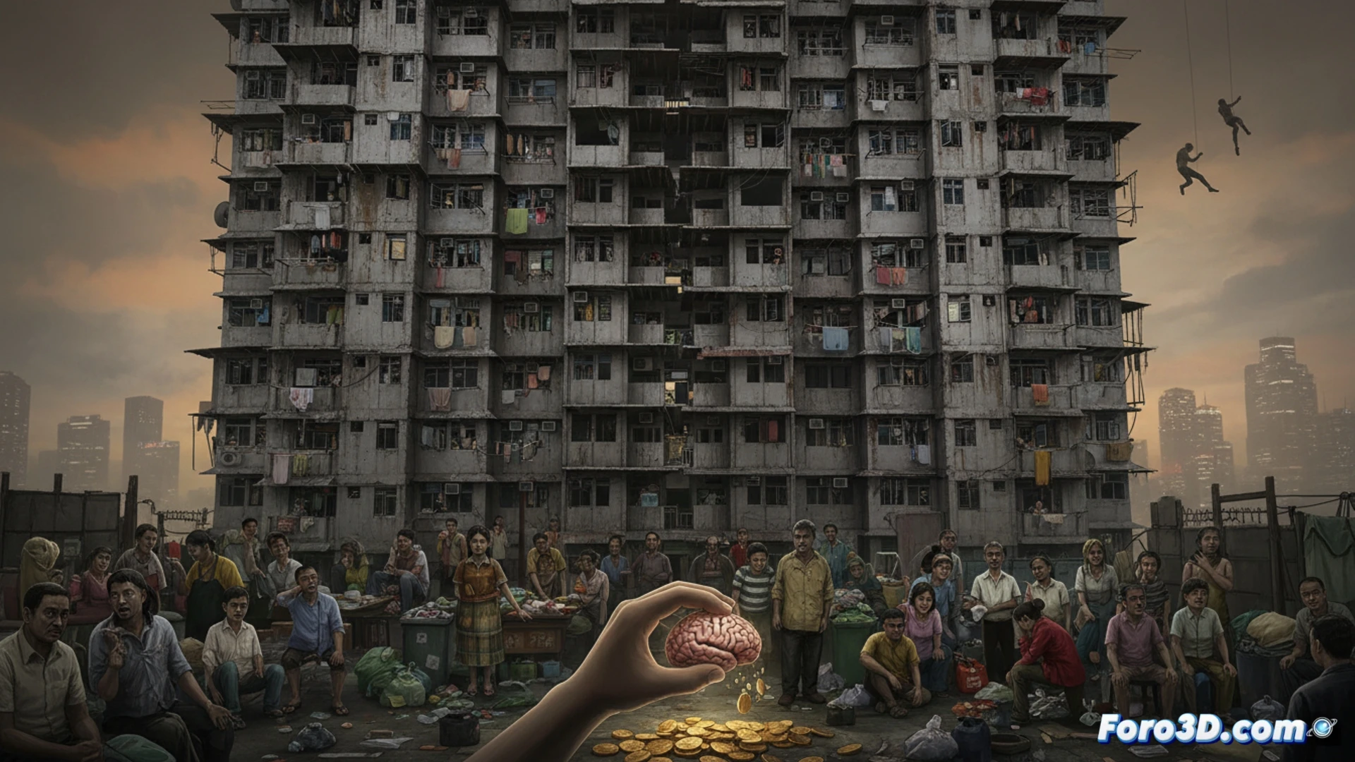 Aerial view of a densely packed vertical slum, dozens of identical high-rise towers with missing railings and broken balcony barriers, a person falling from a mid-level floor while others lean dangerously over edges, cracked concrete facade exposing rusted rebar, no green spaces between buildings, narrow alleyways filled with shadow, cinematic photorealistic architectural visualization, dramatic overcast lighting, claustrophobic urban density, hyper-detailed structural decay, dystopian realism, wide-angle lens emphasizing vertical scale and human vulnerability