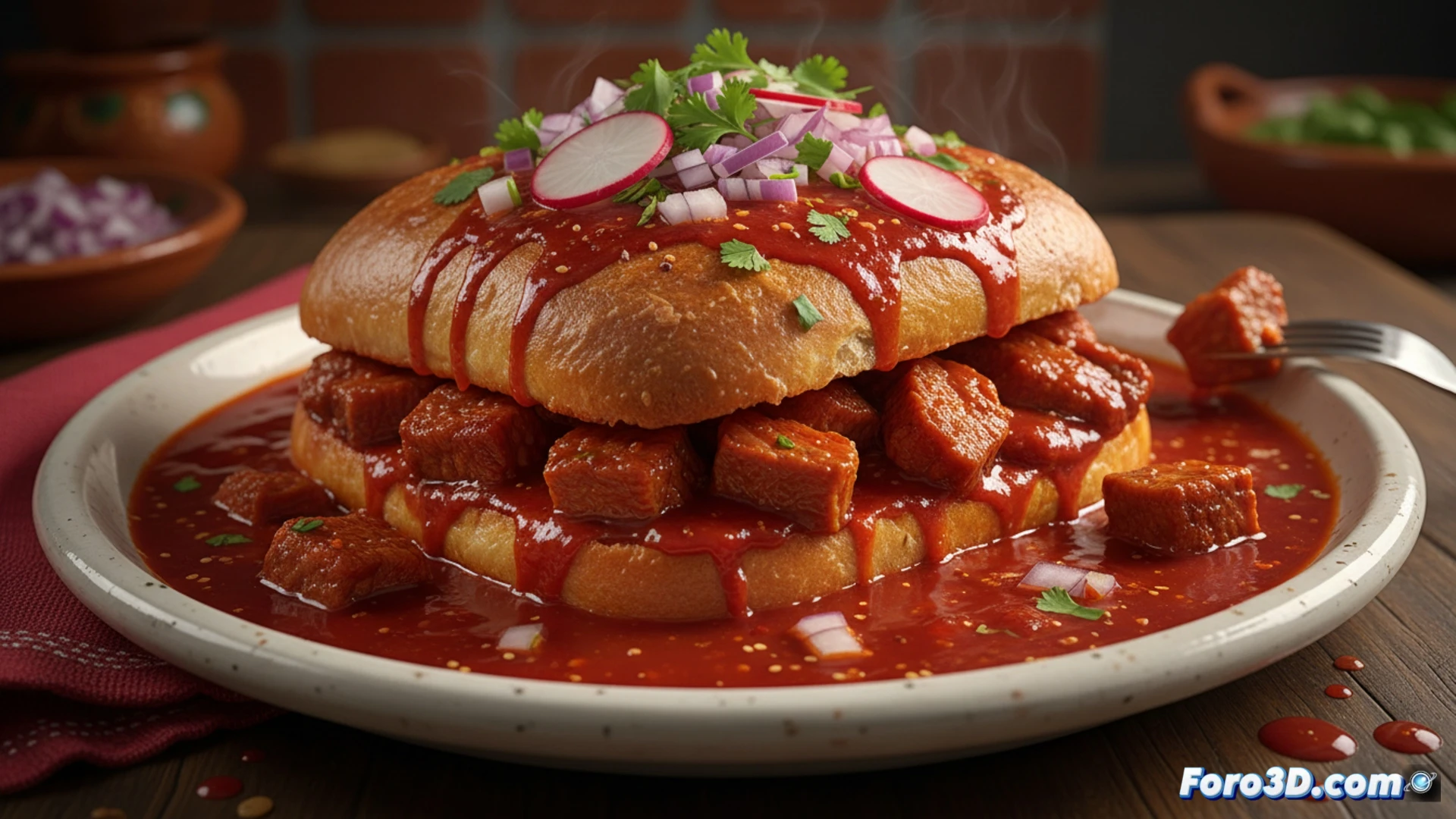Torta ahogada rellena de carnitas, sumergida en salsa roja de chile de árbol, sobre fondo rústico mexicano.
