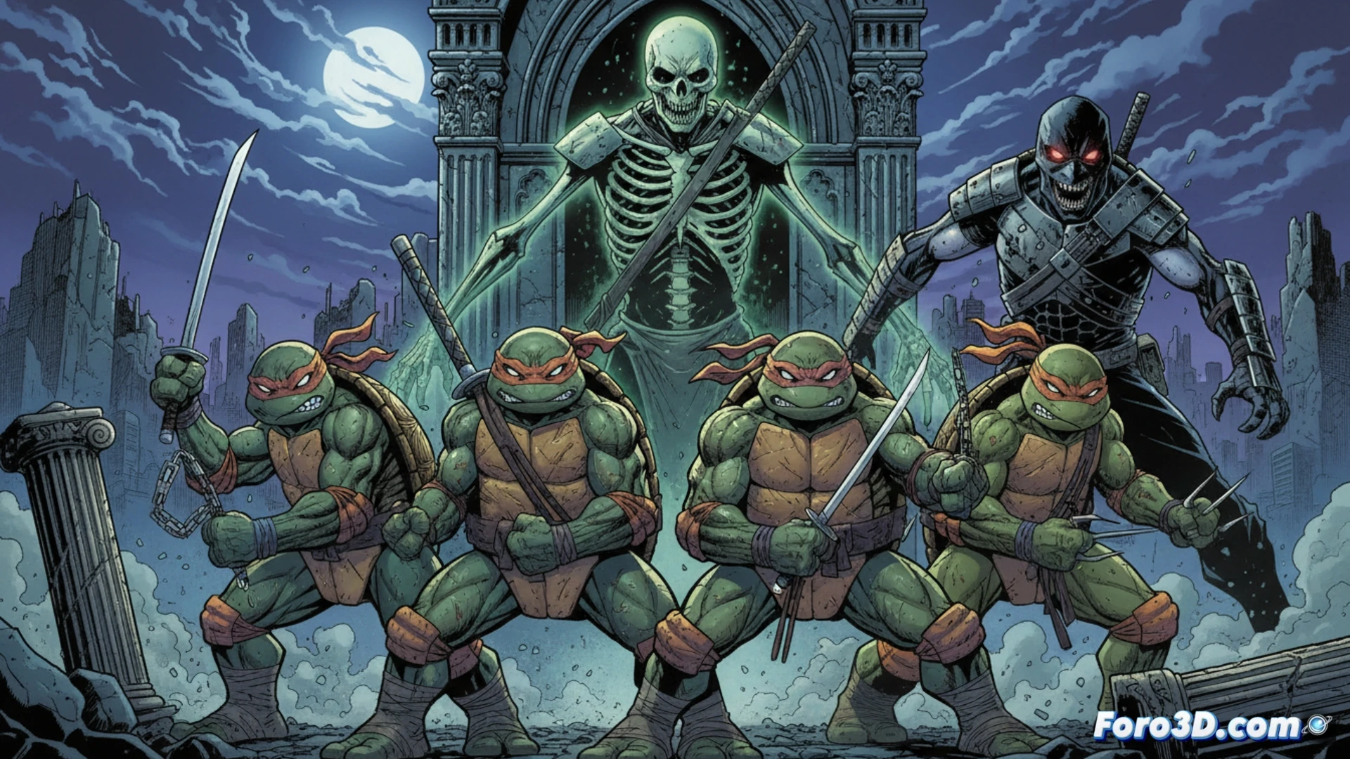 Ninja turtle comics number three hundred limited edition, collectors opening sealed mystery envelopes containing variant covers, Frank Miller and Kevin Eastman art style visible through translucent paper, ghostly undead threat energy crossing between living and dead realms, comic shop counter with stack of special issues, deadline calendar showing June first two thousand twenty six, cinematic technical illustration, dramatic spotlight on envelope tearing, ink splatter effect, glowing spectral particles, photorealistic comic book store environment, ultra-detailed cover art details, action of revealing hidden collectible