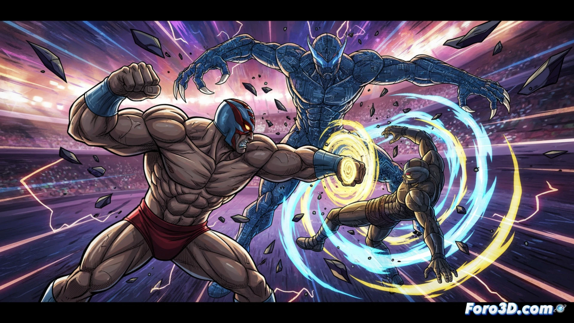 animated combat sequence from sports manga style, muscular fighter mid-air delivering a high-impact punch with exaggerated motion lines trailing from fist and limbs, opponent recoiling with visible impact shockwaves around torso, dynamic camera angle from ground looking up, glowing energy streaks following action arcs, detailed muscle definition and sweat particles frozen in motion, cinematic lighting with dramatic shadows on fighter faces, background showing blurred arena lights and crowd silhouettes, technical illustration style with thick ink-like contours and cel-shaded highlights, ultra-detailed rendering of fabric ripples and joint tension, photorealistic textures on skin and clothing, motion blur on fast-moving elements, vibrant color palette with red and blue contrast, no text or numbers visible
