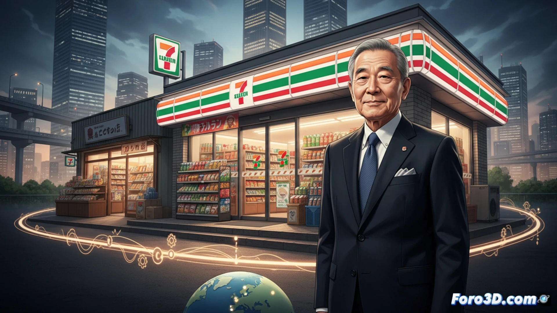 japonés mayor meticuloso colocando un cartel de tienda 24 horas en un estante refrigerado, logística nocturna mostrando un camión de reparto descargando paquetes codificados con barras, sistema de inventario digital con pantallas táctiles mientras un empleado escanea productos, mostrador con café y onigiri recién preparado, luces fluorescentes blancas, ambiente nocturno urbano, pasillo limpio con estanterías ordenadas, proceso de reabastecimiento durante la madrugada, estilo cinematográfico fotorrealista, iluminación industrial fría, detalles de eficiencia operativa