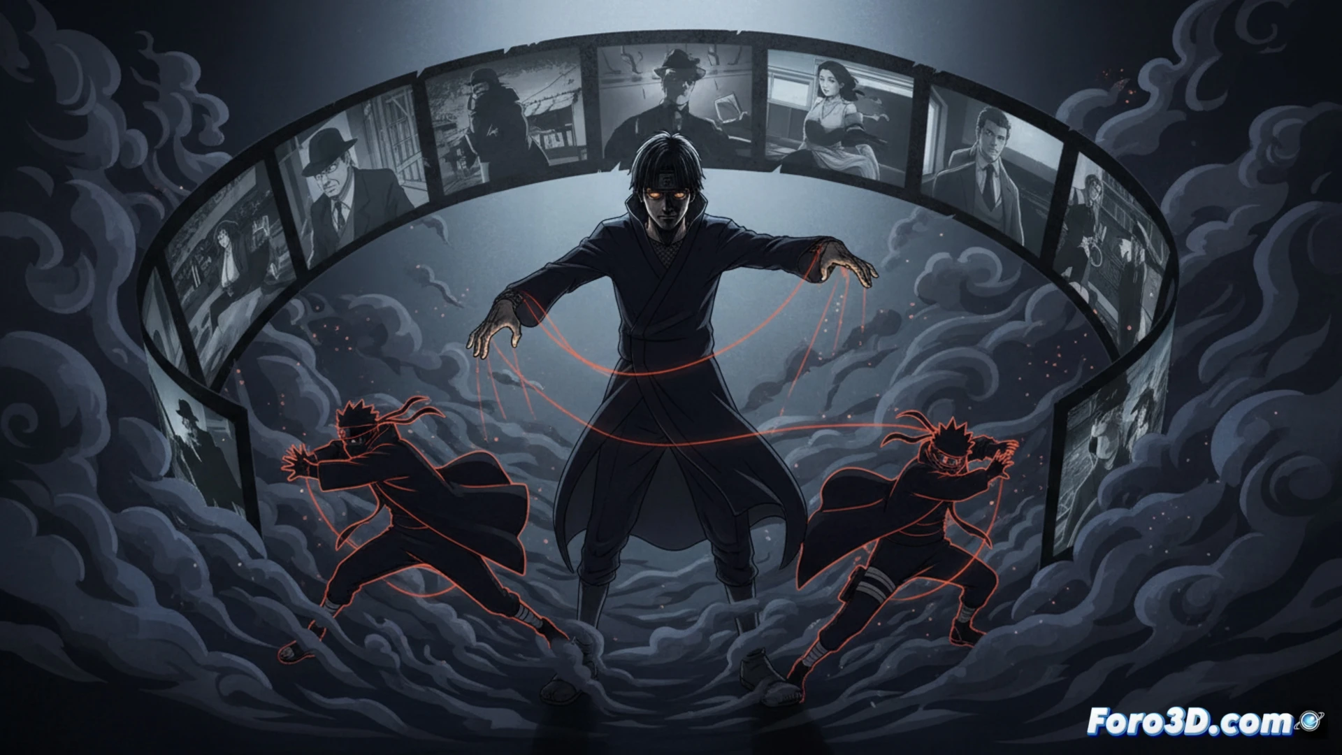 ninja figure leaping mid-air with dense black shadows pooling beneath limbs, dramatic side lighting casting long silhouettes across a dim dojo floor, motion blur on trailing scarf, hand gripping a kunai with metallic reflection, ink-like shadow textures bleeding into dark background, cinematic anime action scene, photorealistic rendering with cel-shaded accents, glowing rim light on character silhouette, calligraphy brushstroke aesthetic in shadow forms, ultra-detailed folds in dark fabric, high-contrast noir lighting, technical illustration style