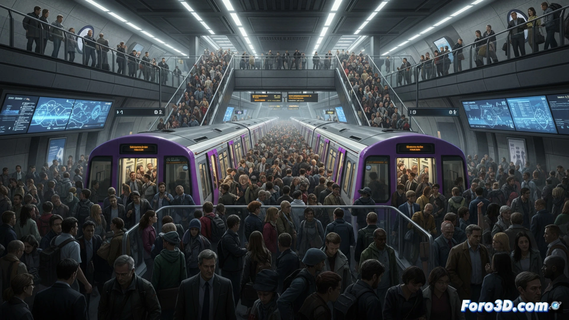 Tottenham Court Road underground station interior during peak hours, massive crowd of commuters flowing through multiple escalators and connecting tunnels, passengers moving between Central and Northern line platforms, digital departure boards displaying train times, modern glass and steel architecture with curved white ceiling panels, bright LED lighting reflecting off polished floors, dense human traffic creating dynamic motion blur, engineering visualization showing structural columns and ventilation systems, architectural cross-section revealing stacked tunnel levels, photorealistic technical render with dramatic perspective and depth of field