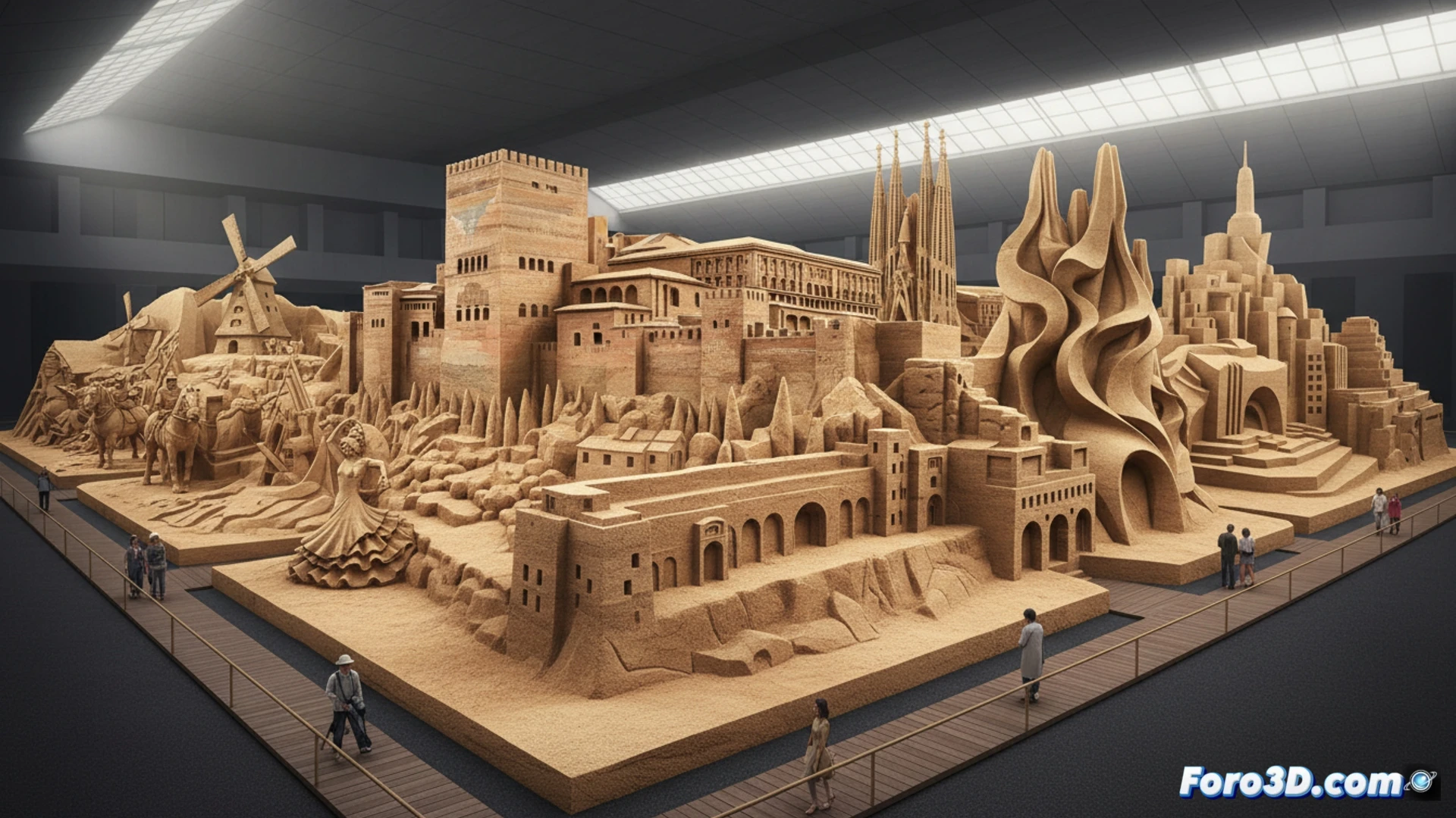 Museo de Arena de Tottori: esculturas de arena recrean la historia de España, desde la Alhambra hasta la era moderna, con realismo detallado.