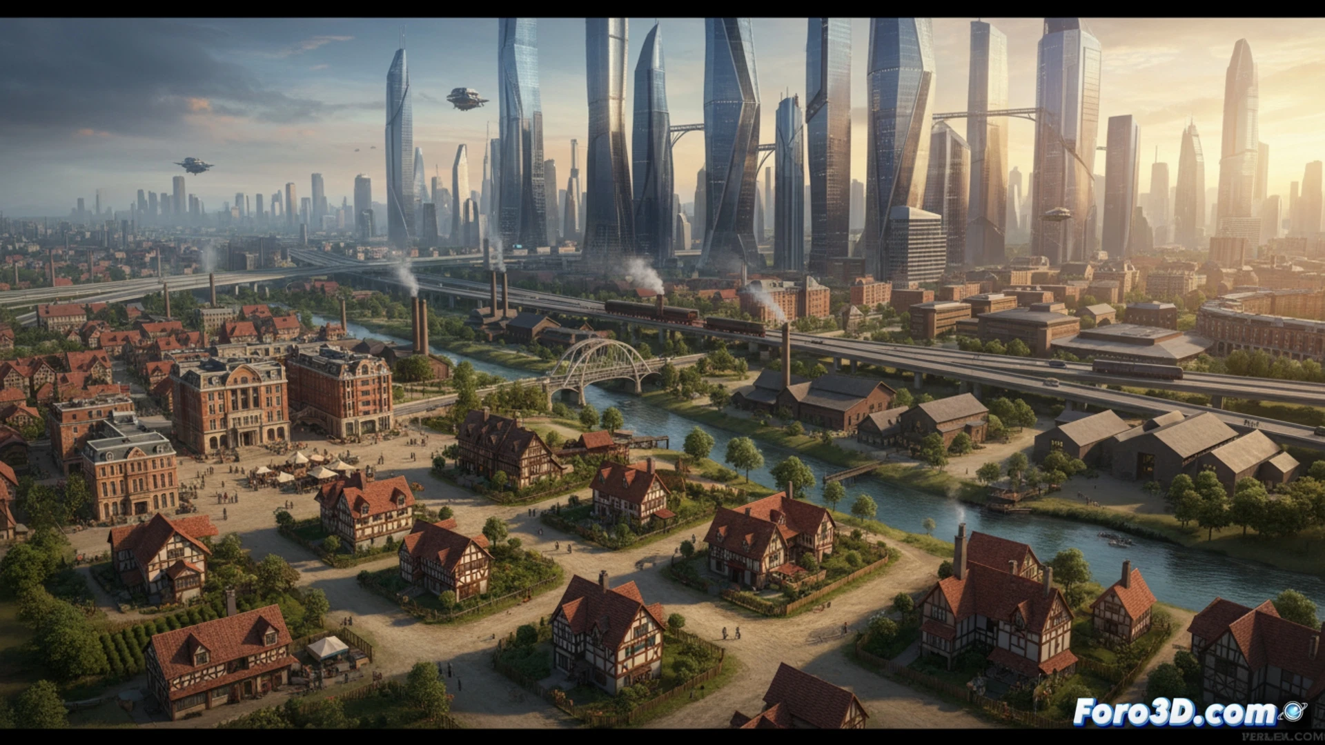 Un paisaje urbano vibrante y orgánico, con casas, tiendas y caminos curvos sin cuadrícula, bajo un cielo soleado.