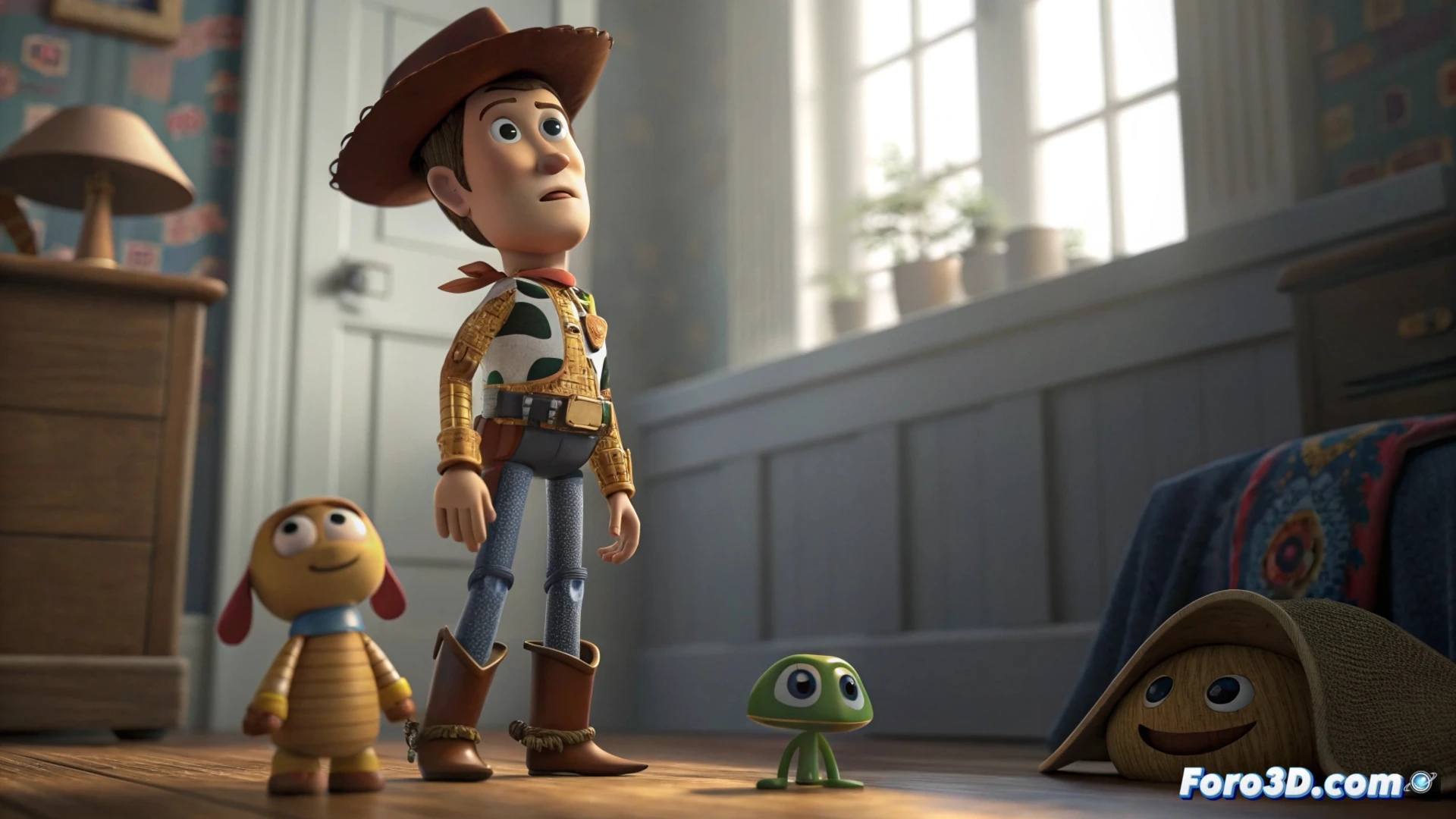 Woody y Buzz en un cajón abierto, con luz tenue; al fondo, otros juguetes borrosos miran.