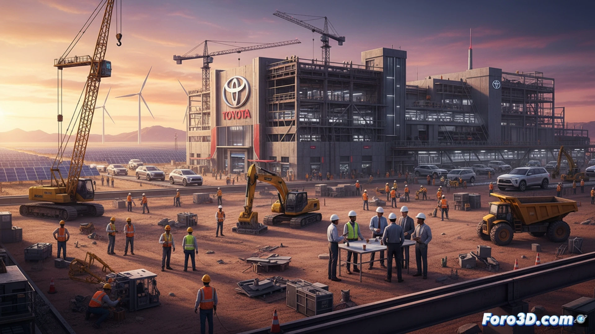Toyota robotic assembly arm installing a truck chassis frame in a vast Texas factory, sparks flying from welding joints, conveyor belt moving partially assembled vehicles, workers in safety gear inspecting components, overhead cranes lifting a heavy engine block, blue industrial lighting reflecting off polished metal surfaces, dust particles illuminated in beams of light, hyper-detailed mechanical engineering visualization, cinematic photorealistic render, motion blur on moving parts, depth of field focusing on the welding arc