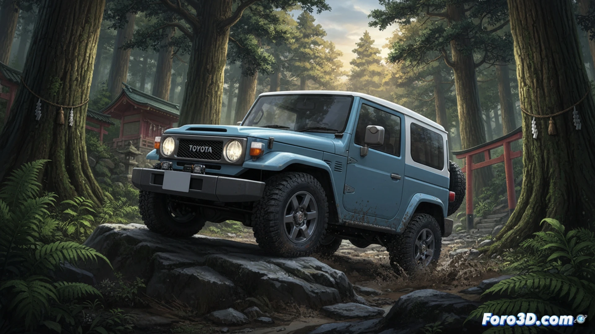 Cinematic shot of compact Toyota off-roader navigating steep rocky incline, mud splashing on boxy retro body, short front overhang and high hood visible, suspension articulation demonstrated during wheel lift, rocky terrain with loose gravel, technical illustration style, photorealistic metallic paint, dramatic sunset lighting, dust particles in air, mechanical undercarriage detail with axle articulation, action scene showing off-road capability, rugged tires gripping uneven surface, no text or numbers, ultra-detailed vehicular render
