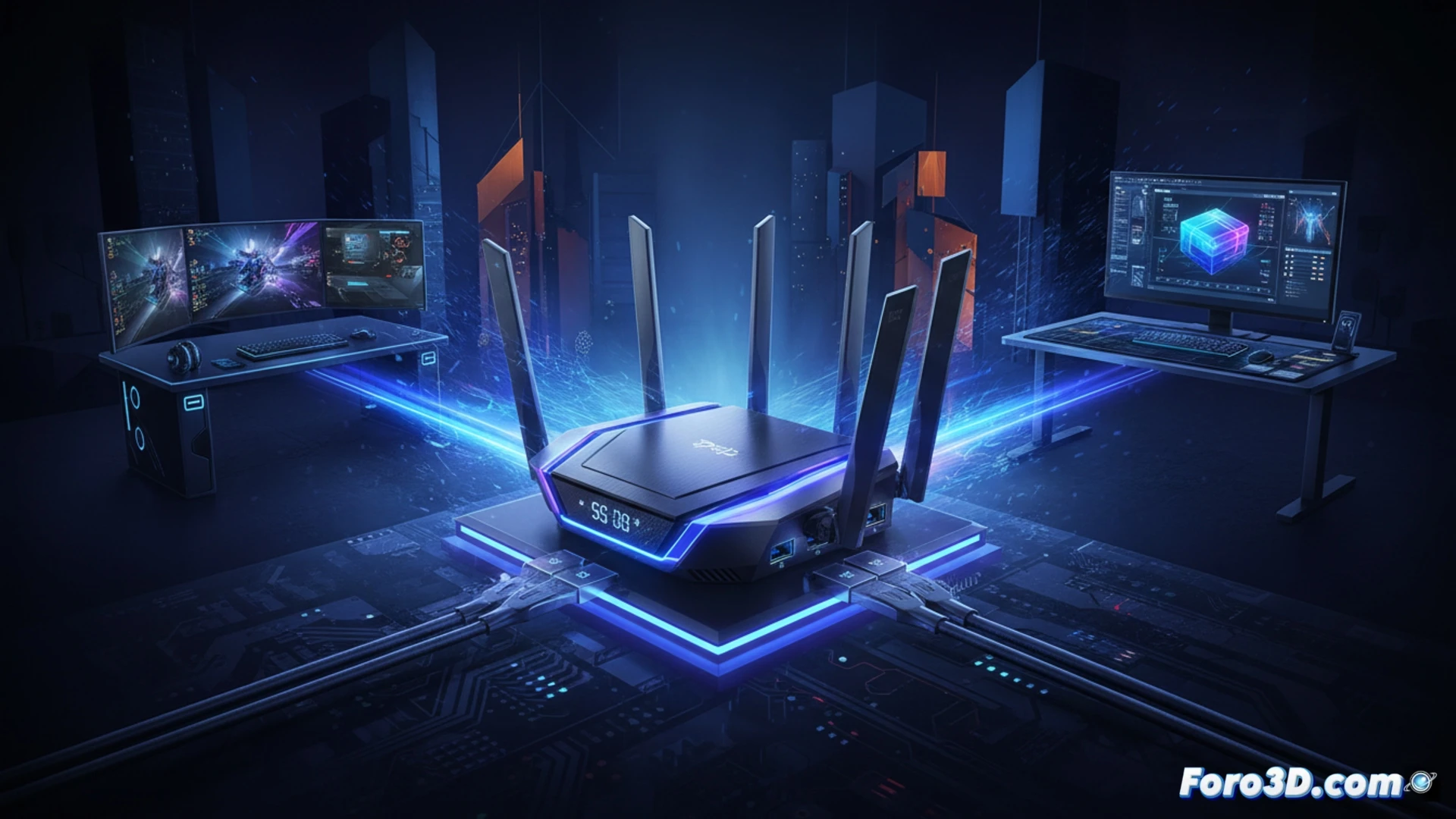 Wi-Fi 7 router with 10Gbps ports actively transferring a large 3D design file between a workstation and a cloud gaming server, glowing orange data streams flowing through the router while a designer edits a complex architectural model and a gamer plays a fast-paced online match, router antennas radiating signal waves, cinematic engineering visualization, sleek aggressive black chassis, blue LED indicators, photorealistic technical render, dramatic low-angle studio lighting, ultra-detailed port connections