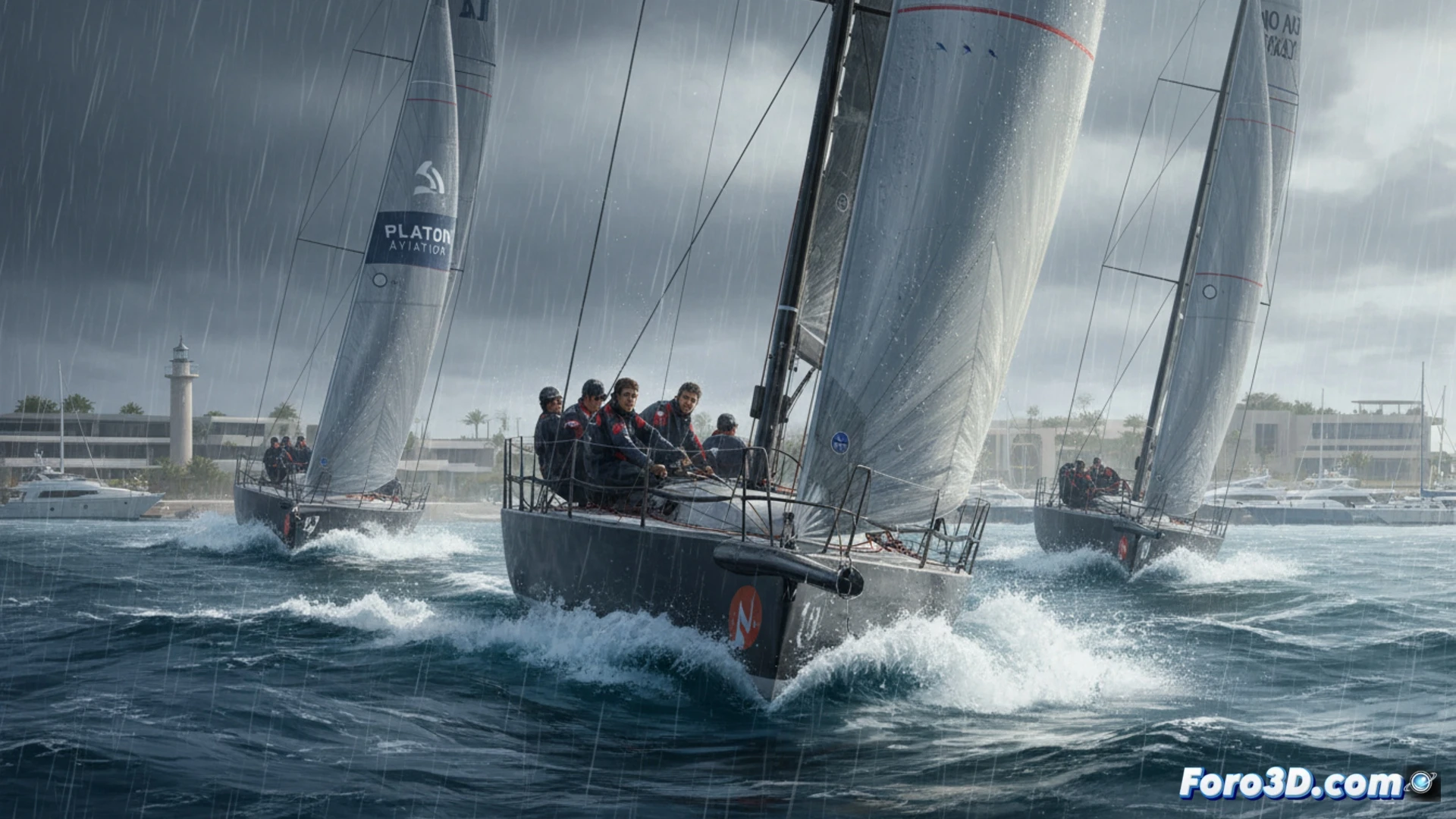 Un TP52 azul con velas trimadas surca olas grises bajo lluvia intensa, mientras el equipo cubierto con impermeables compite en el mar de Puerto Portals.