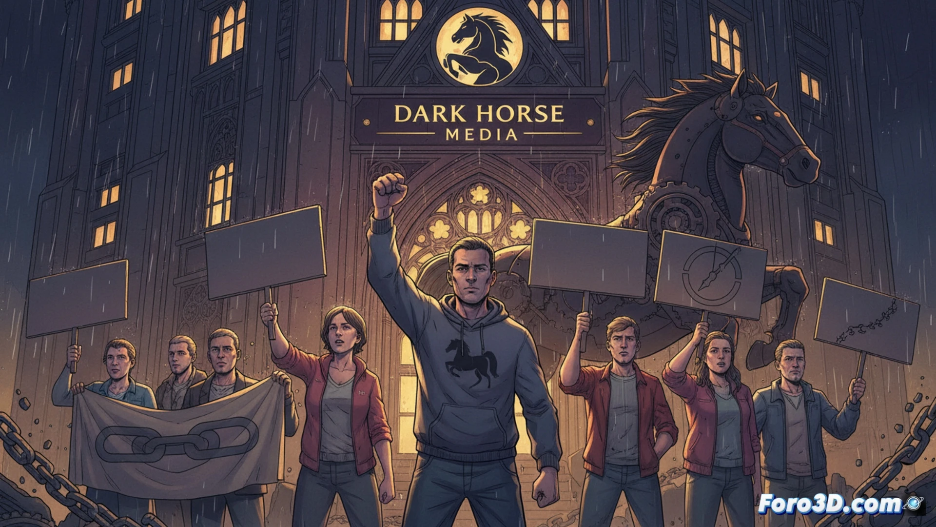 dark horse media office interior, workers gathering around a desk holding union flyers and clipboards, one employee typing on a wacom cintiq while another gestures at a spreadsheet on a monitor showing salary data, comic book pages and storyboards pinned on corkboard in background, cinematic photorealistic style, soft fluorescent overhead lighting, serious determined expressions, scattered drawing tablets and coffee cups, technical illustration with visible ink bottles and drawing tools, action of collective decision-making during a union organization meeting