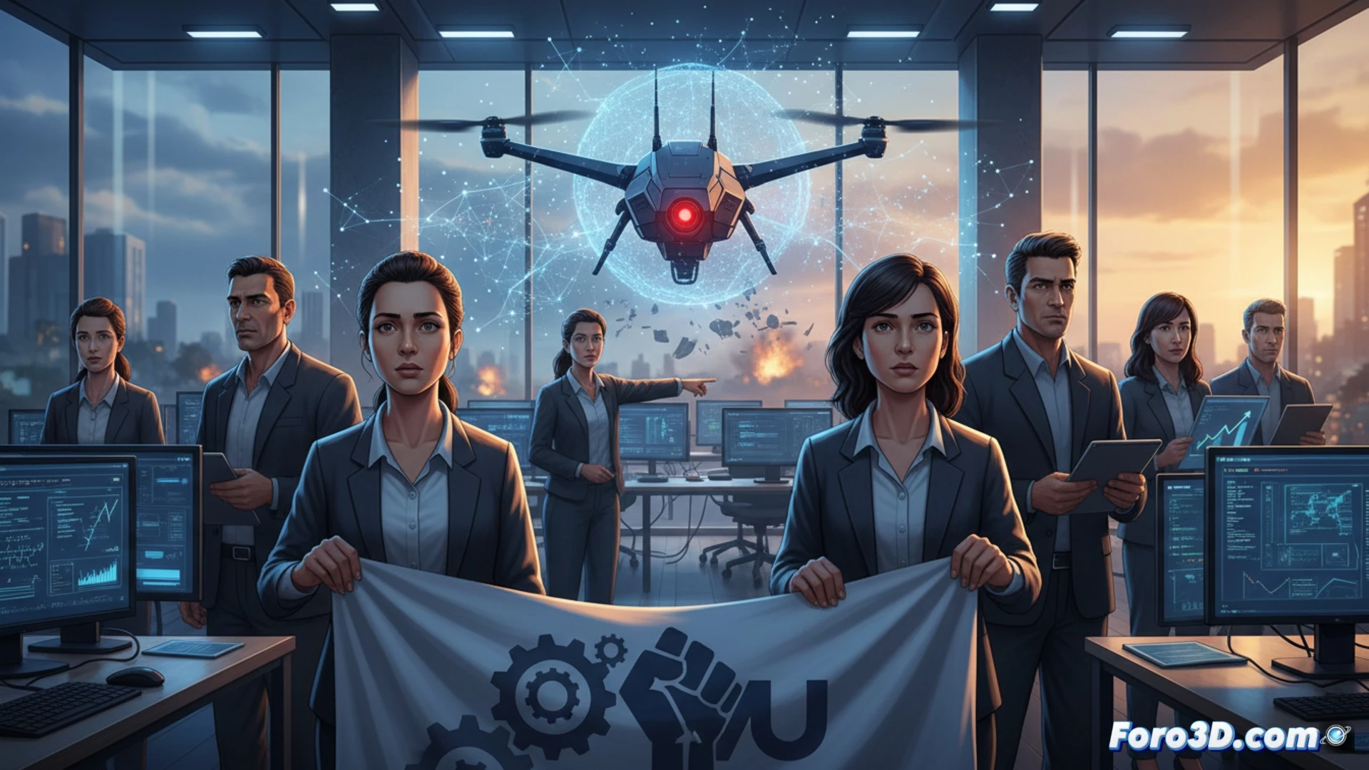 Un grupo de empleados de DeepMind en Londres sostiene pancartas sindicales frente a la sede de Google, con un fondo de mapas de Gaza y equipos militares.