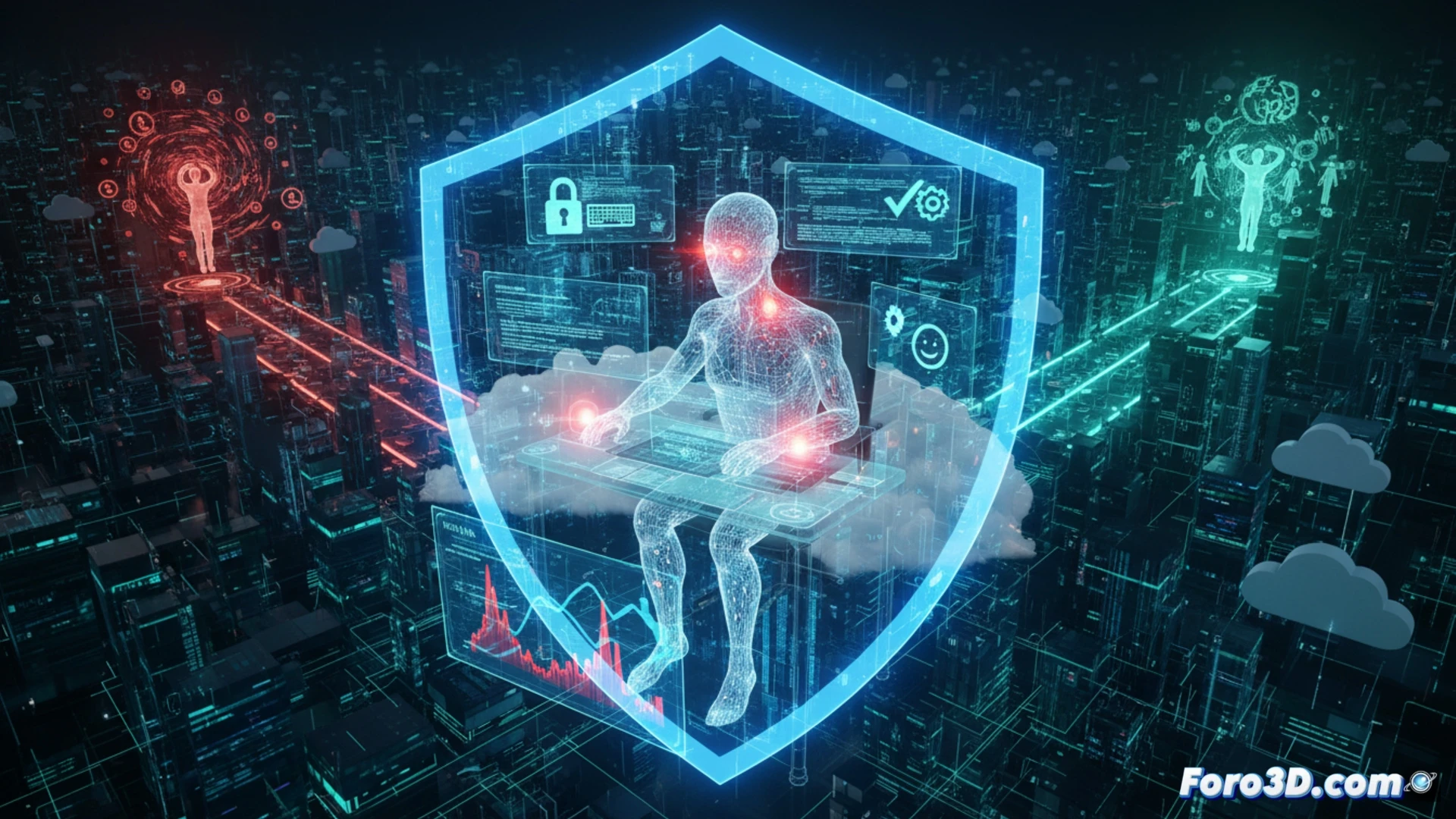 visualizacion 3d de riesgos ergonomicos en oficina con traductor trabajando y graficos de compliance digital