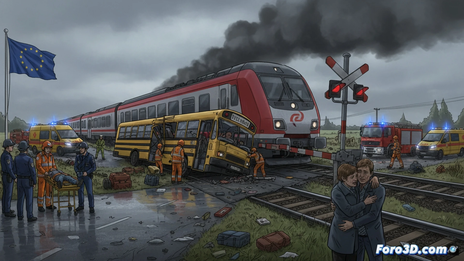 cinematic photorealistic scene of a yellow school bus crushed across a railway crossing, front half shattered against the side of a silver passenger train during collision impact, train wheels locked and sparking on steel rails, broken bus windshield and scattered backpacks on gravel, red traffic signal still glowing above the crossing barrier, emergency lights flashing in foggy twilight, twisted metal and shattered glass debris, dramatic low-angle shot with heavy shadows, ultra-detailed mechanical wreckage, somber industrial lighting