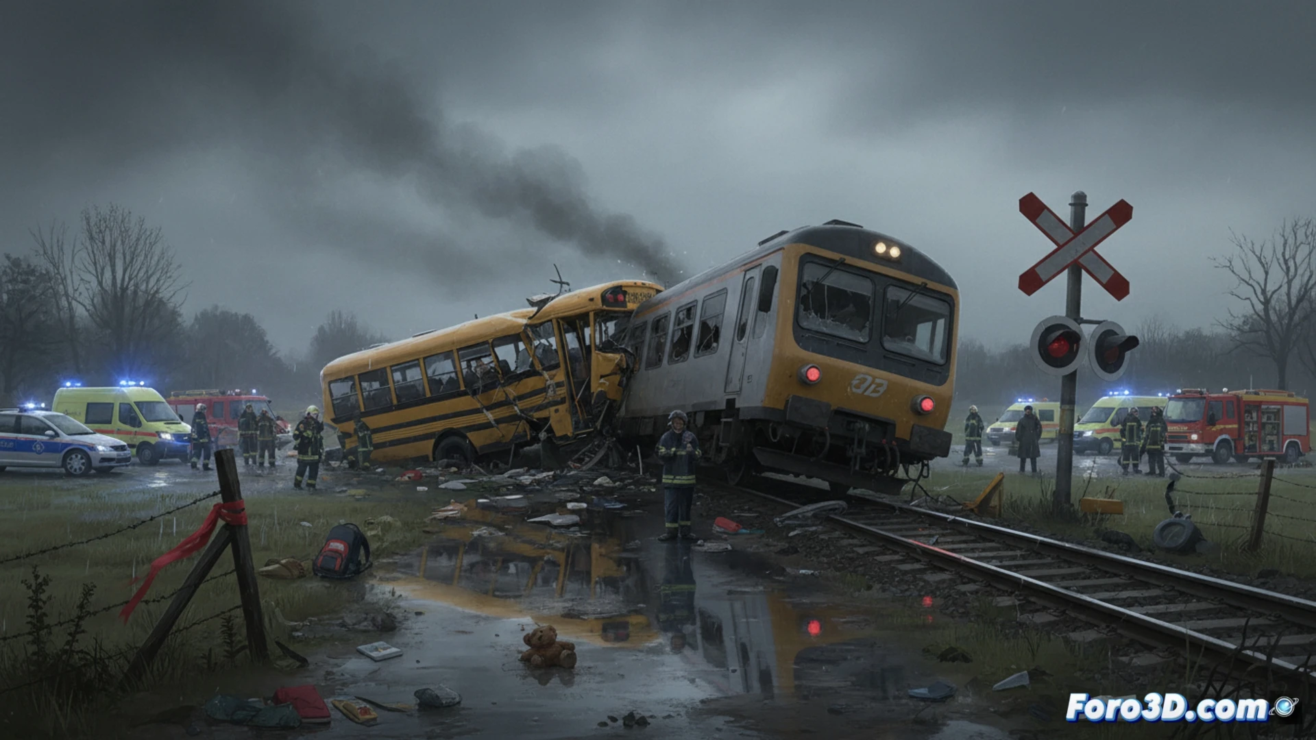 collision sequence at a belgian railway crossing, a yellow school bus split open on the tracks, train front crumpled against the bus side, emergency brake sparks visible on train wheels, red traffic light glowing, lowered barrier arms snapped and bent, debris scattered on gravel, shattered glass in mid-air, photorealistic accident reconstruction style, cinematic overcast lighting, smoke from friction, detailed mechanical damage on both vehicles, forensic engineering visualization