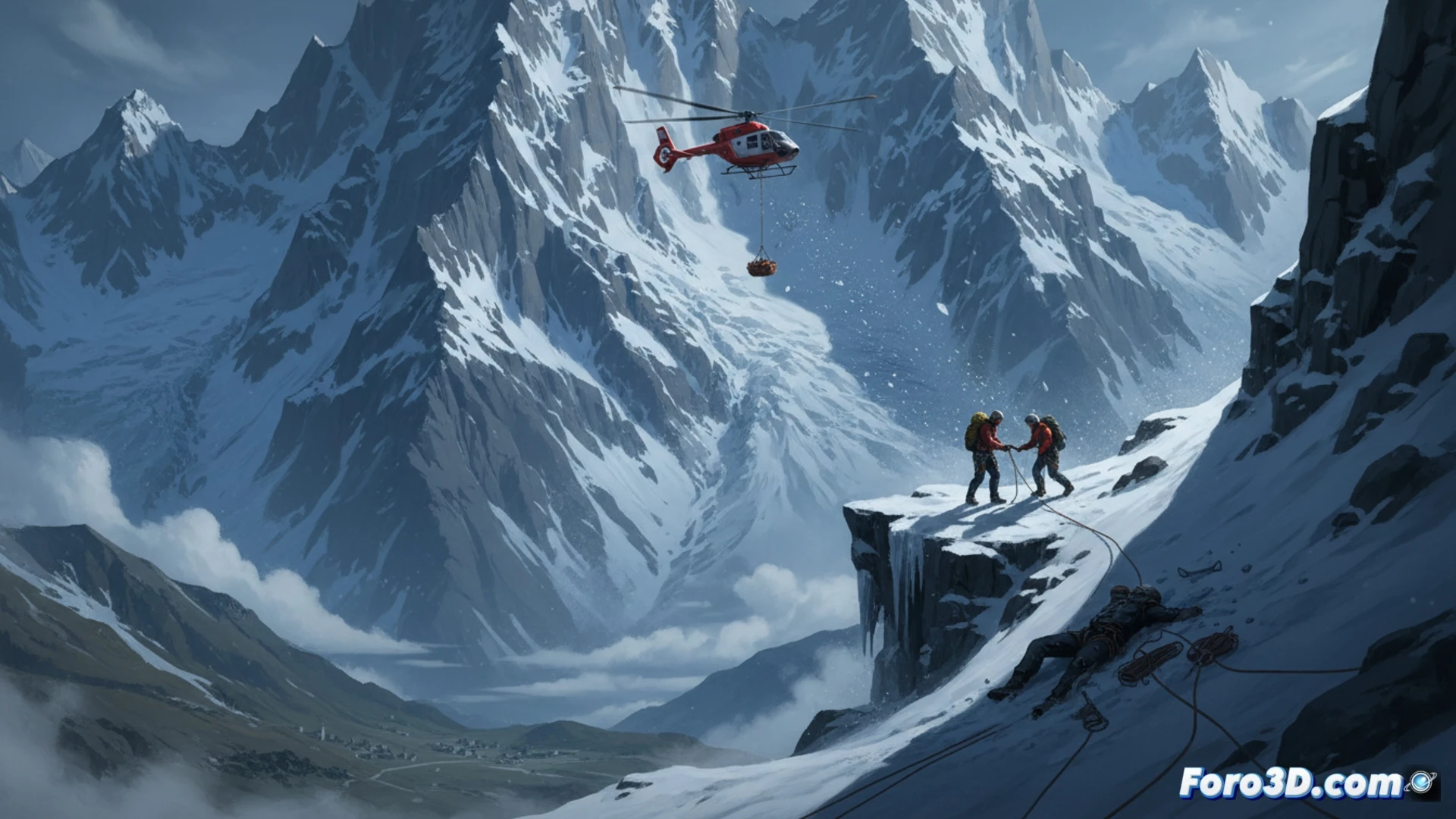 Alpinista cayendo por la pared norte del Gran Paradiso, cuerda de seguridad rota tensándose en el vacío, dos compañeros anclados en una repisa helada mirando con angustia, helicóptero de rescate aproximándose con cable de evacuación descendiendo, nieve levantada por el rotor, luz crepuscular sobre rocas escarpadas, estilo cinematográfico fotorrealista, texturas de hielo y granito ultra detalladas, acción dramática en alta montaña, composición vertical impactante.
