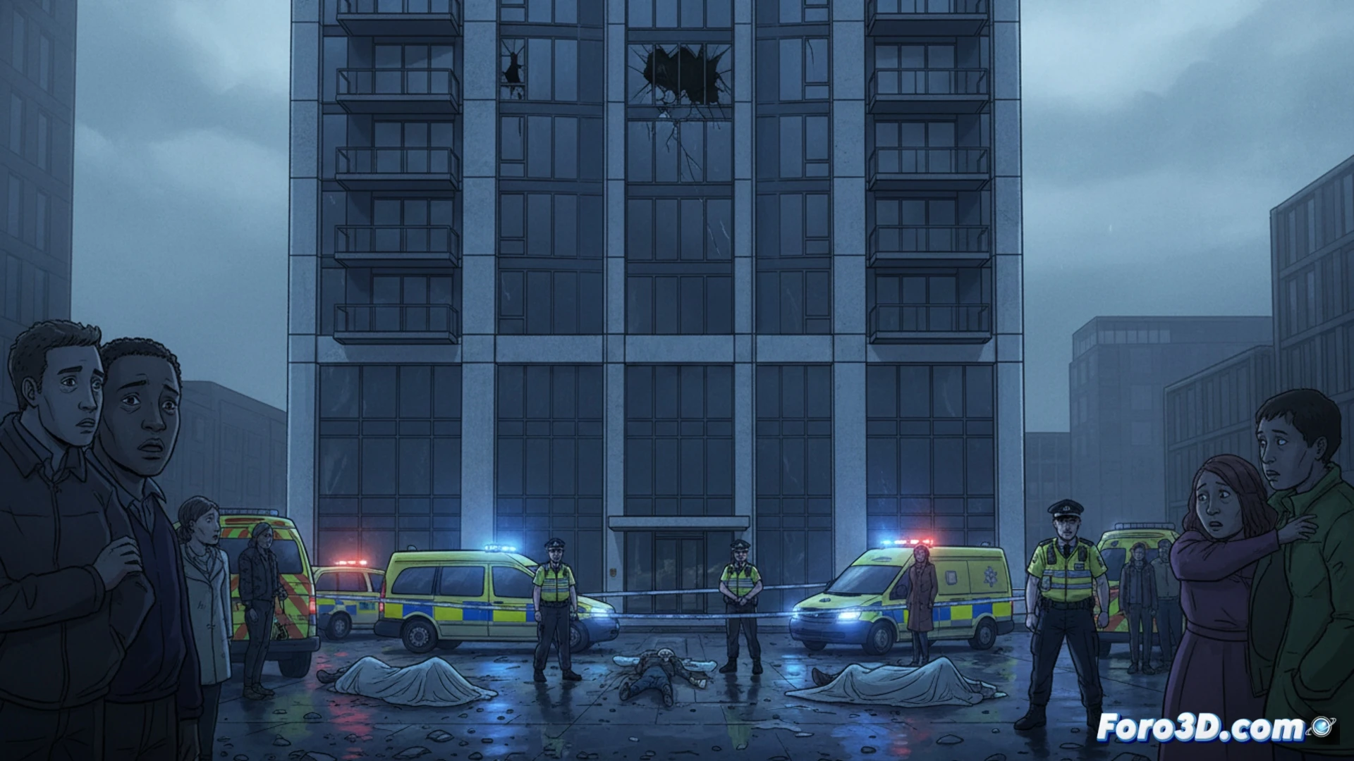 three figures falling from a high-rise residential tower in Elephant and Castle, emergency services rushing toward the base with stretchers and defibrillators, police tape being set up by officers, forensic teams examining the pavement with evidence markers, broken balcony railing visible above, cinematic photorealistic visualization, dramatic overcast London sky, wet asphalt reflecting blue emergency lights, smoke from a nearby coffee cart, ultra-detailed urban architecture, tragic realism with respectful distance, wide-angle lens perspective capturing height and scale