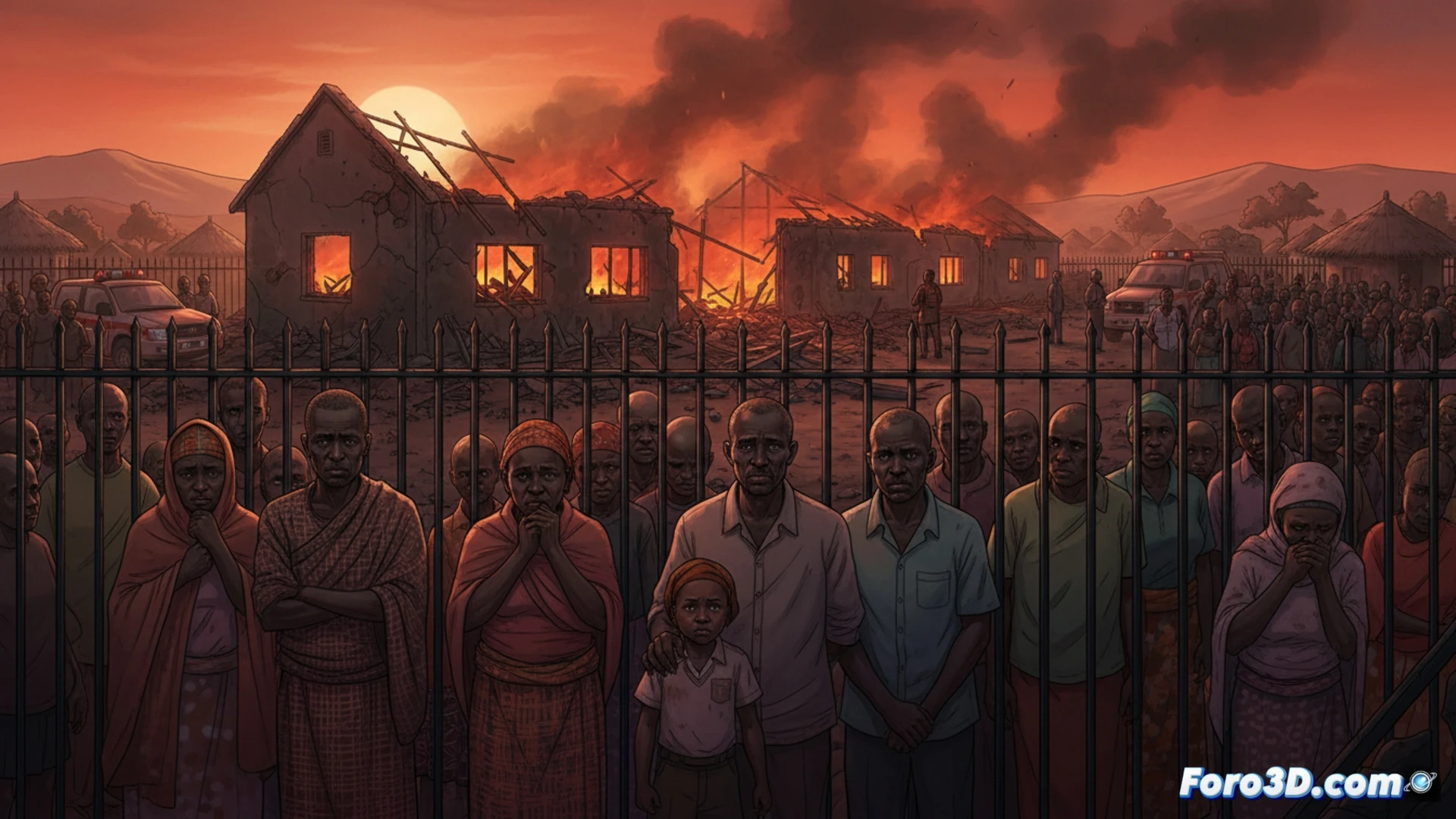 nighttime school building fire scene, flames engulfing a dormitory wing, smoke billowing into the dark sky, fire trucks with flashing red lights positioned outside, firefighters in protective gear aiming hoses at the blaze, shattered windows with heat distortion, silhouettes of emergency personnel moving urgently, blackened structural beams visible through flames, scattered debris on the ground, charred furniture fragments near the entrance, cold blue moonlight contrasting with orange fire glow, cinematic photorealistic rendering, dramatic aerial perspective, thick smoke layers illuminated by fire, ash particles floating in the hot air, heavy atmosphere of tragedy and emergency response