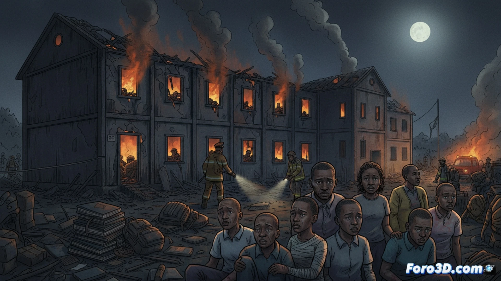 incendio escolar nocturno en Kenia, dormitorio de internado femenino en llamas, ventanas rotas expulsando humo negro espeso, estudiantes en uniforme corriendo hacia una puerta de emergencia parcialmente bloqueada, techo de chapa ondulada deformándose por el calor, extintores de incendios caídos en el suelo, una cerradura de cadena rota colgando de la puerta, linternas de policía iluminando el humo, siluetas de bomberos con mangueras contra el fuego, estilo cinematográfico fotorrealista, iluminación dramática naranja y azul, texturas de hollín y metal quemado, ángulo bajo gran angular, alta definición técnica