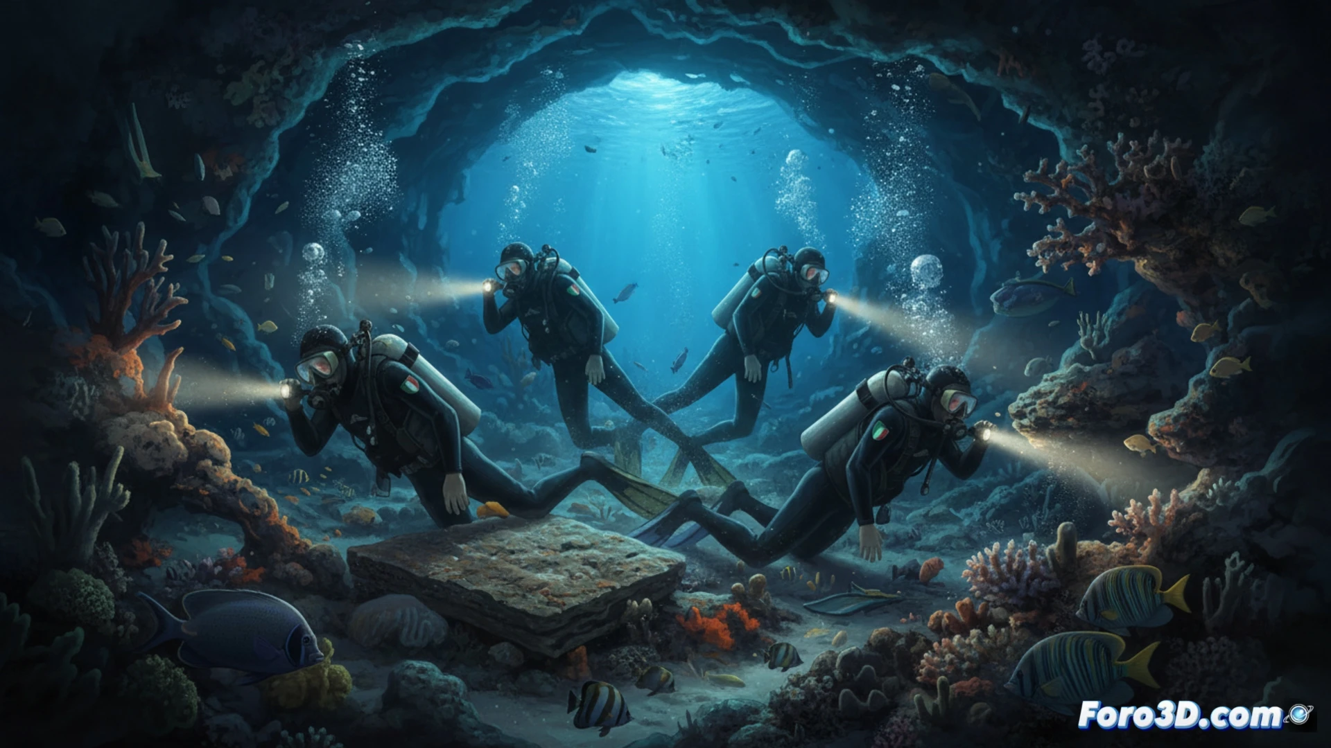 Una imagen del atolón Vaavu en Maldivas, con aguas turquesas y un barco turístico llamado Duke of York, mientras buzos exploran cuevas submarinas a 50 metros de profundidad, evocando la tragedia de cinco italianos.