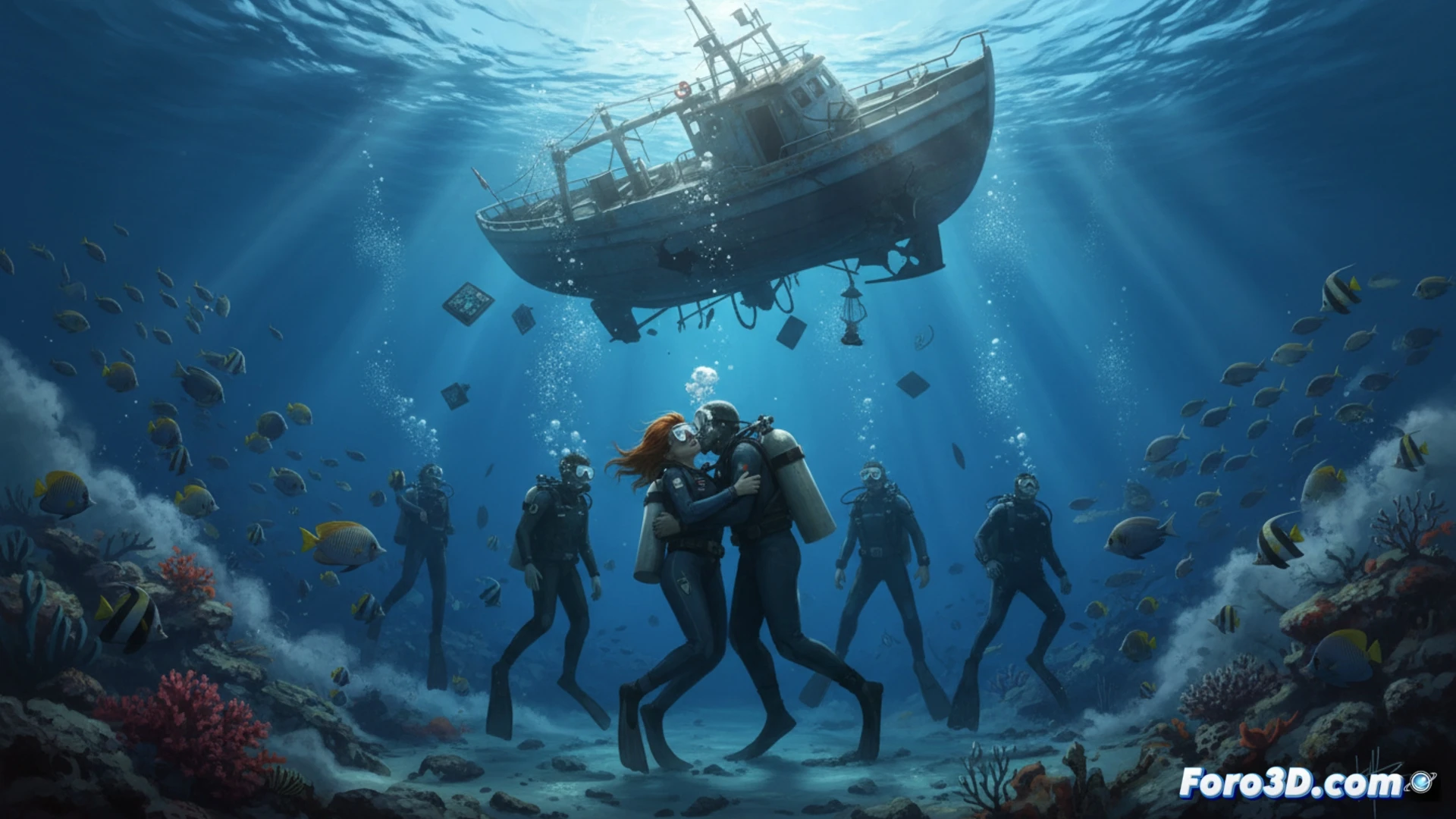 Descripción: Buzos cerca de un arrecife coralino en Maldivas, bajo un mar turquesa. Una científica con equipo de buceo se aleja del grupo, simbolizando la tragedia.