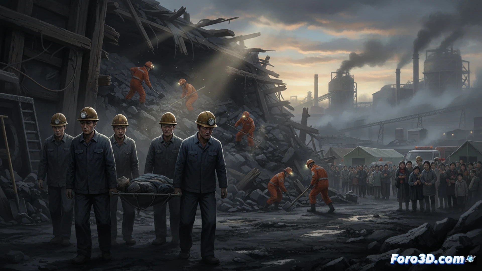 Collapsed mine entrance in Shanxi province, rescue workers in orange suits carrying stretchers through rubble, twisted steel beams and broken conveyor belt pieces scattered, dust particles floating in dim emergency light, headlamps cutting through smoke, abandoned mining cart overturned, cinematic photorealistic style, dramatic chiaroscuro lighting, raw industrial tragedy atmosphere, ultra-detailed rock textures, muddy boot prints on coal dust floor, realistic human fatigue expressions, heavy machinery silhouette in background, 8k technical visualization