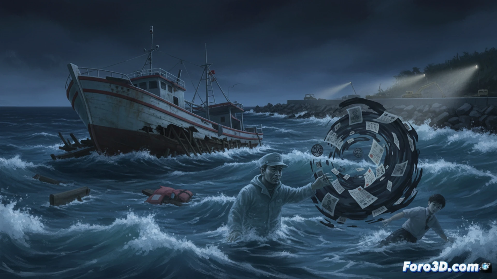 fishing boat capsizing in rough coastal waters near Henoko, Okinawa, overturned hull partially submerged, waves crashing over the keel, rescue crew in orange suits approaching in inflatable raft, maritime safety inspection clipboard floating nearby, cinematic photorealistic style, stormy grey sky, dramatic ocean spray, high-contrast lighting, ultra-detailed metal hull damage, emergency beacon flashing red, technical maritime disaster scene, no text or numbers visible