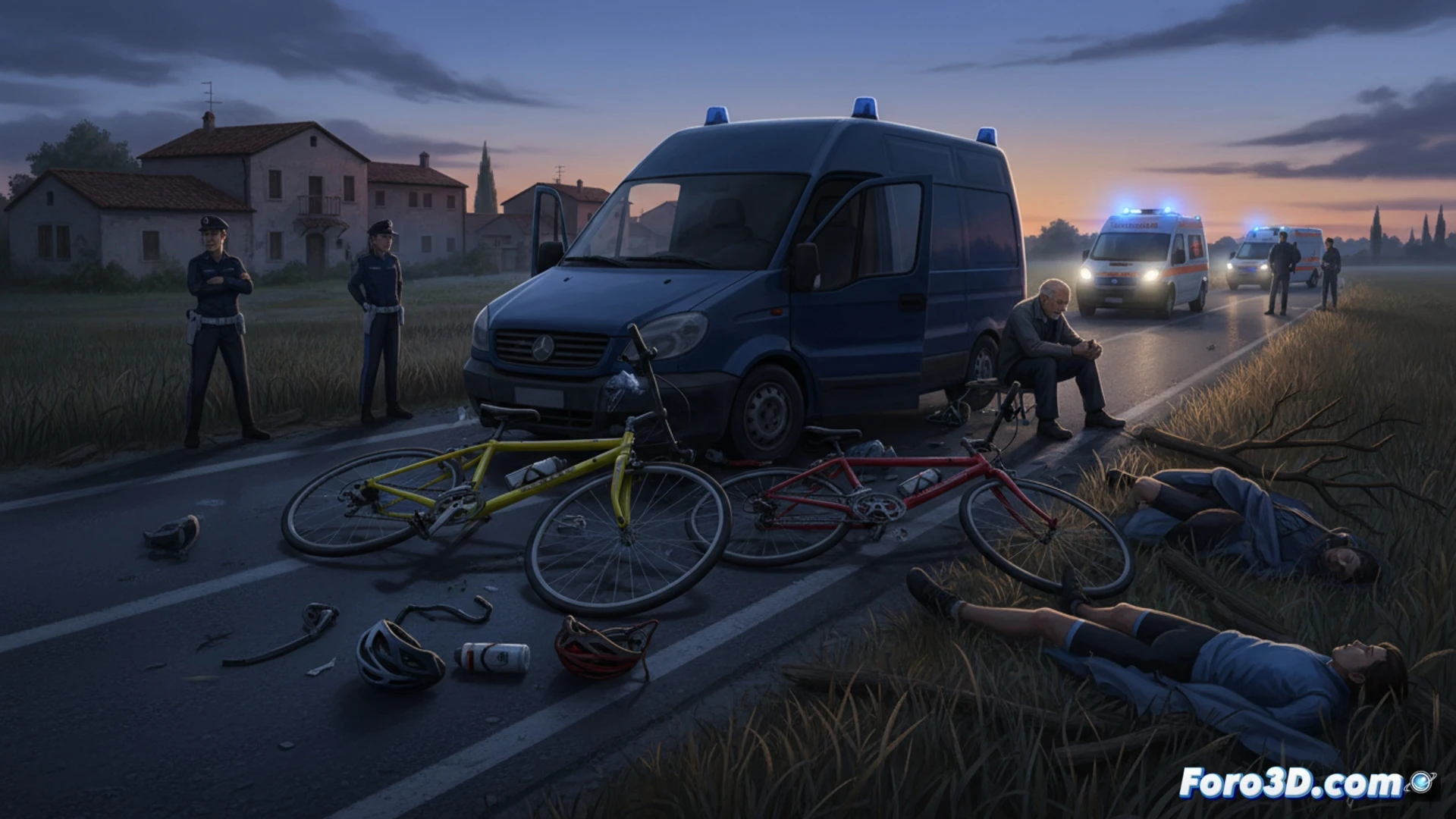 Two cyclists on a single bicycle thrown into the air after being struck by a speeding white van on a rural Italian road at dusk, the van rolling onto its side after impact, shattered bicycle frame and twisted metal debris scattering across the asphalt, skid marks visible on the road surface, motion blur capturing the violent collision, cinematic photorealistic style, dramatic low-angle shot, overcast sky with cold blue-grey tones, high-contrast shadows, ultra-detailed vehicle damage and road texture, forensic accident reconstruction visualization