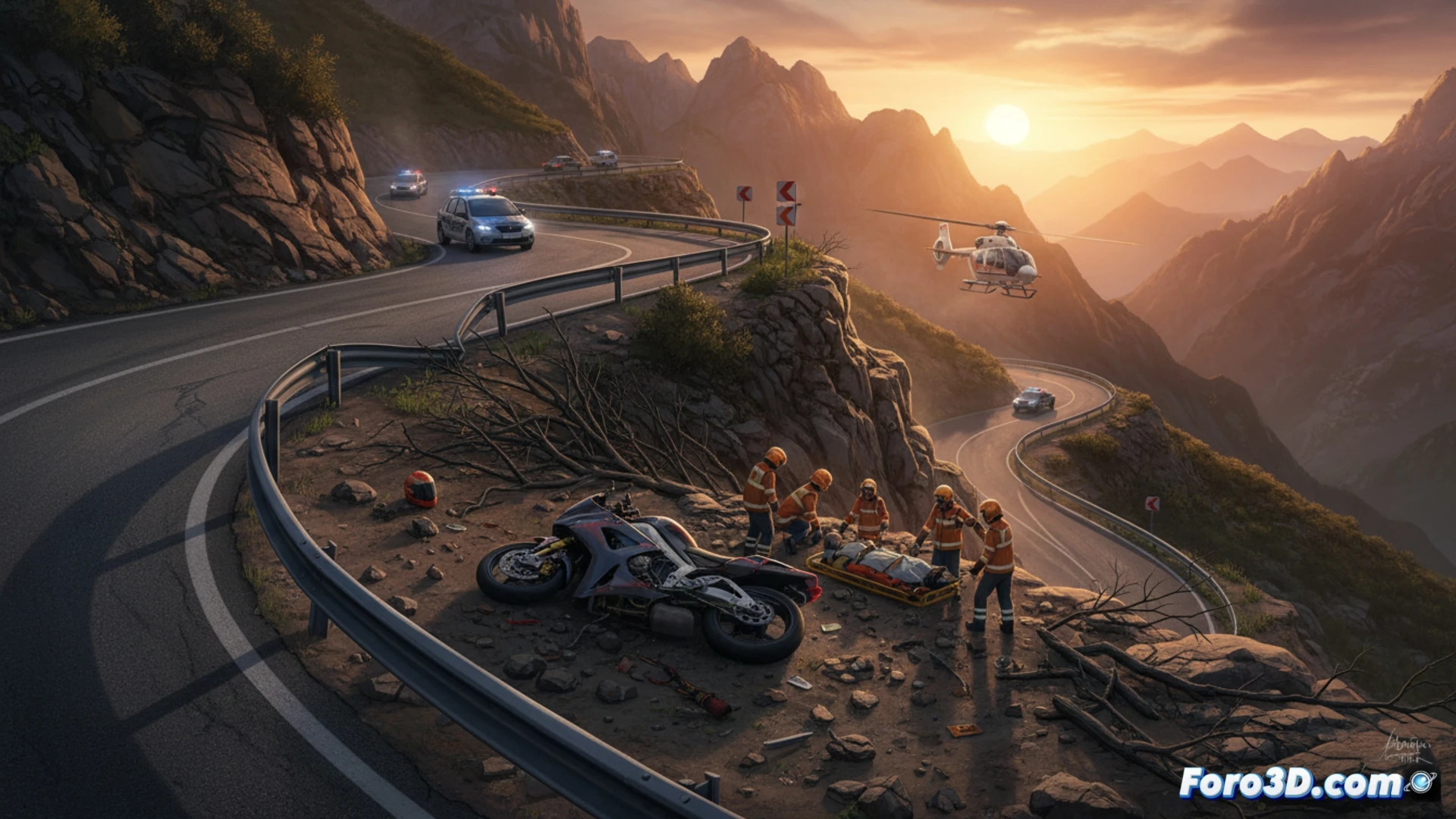 motorcycle crash scene on a mountain curve, rider thrown over a rocky slope, bike skidding across asphalt with sparks, emergency responders in high-visibility gear approaching, broken guardrail and tire marks visible, cinematic photorealistic style, dramatic overcast lighting, dust and debris suspended in air, detailed asphalt texture and metal bike parts, wide-angle view capturing the curve and drop-off, realistic accident reconstruction visualization