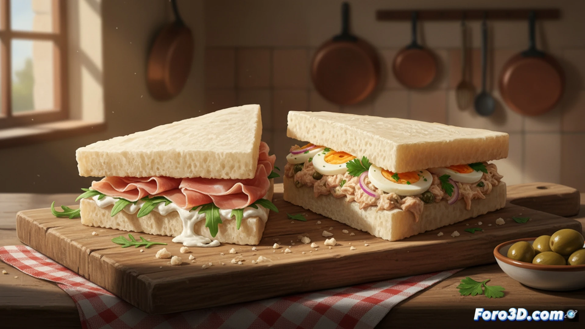 Un tramezzino triangular de pan blanco sin corteza, relleno cremoso de atún, huevo y mayonesa, sobre fondo claro.