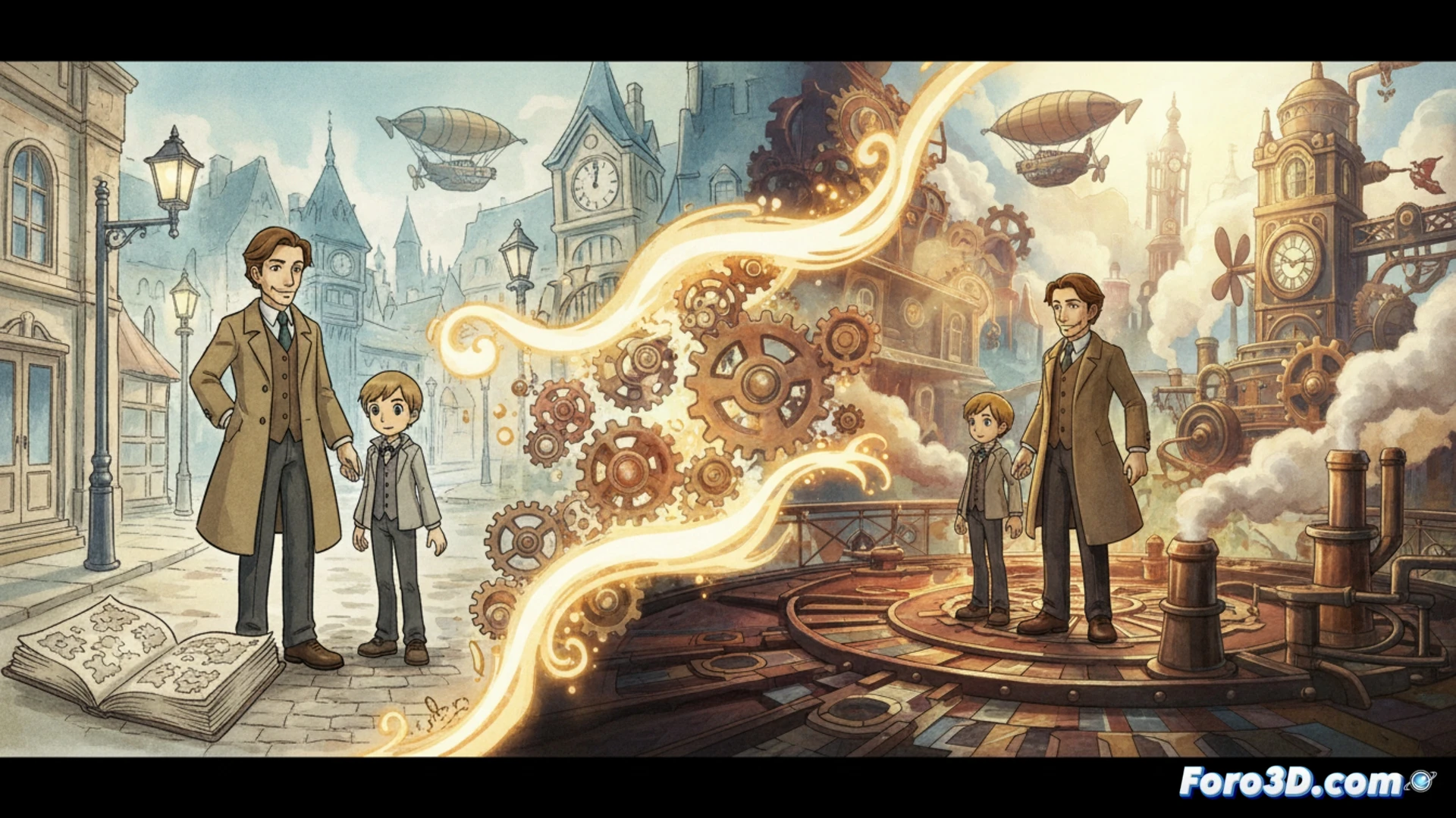 Profesor Layton en 3D estilizado con renderizado acuarela y estética steampunk en New World of Steam