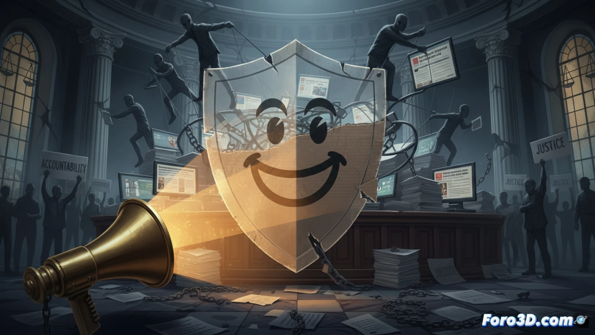 photorealistic cinematic scene of a cardboard box being torn open from inside by shadowy hands, while a bright spotlight shines on a stage prop labeled transparency, hidden wires and surveillance cameras tangled around the box, courtroom gavel mid-swing breaking a chain of paper documents, forensic analysis tools like magnifying glass and fingerprint scanner on a desk, dramatic chiaroscuro lighting, dark political office background, ultra-detailed textures, technical illustration style, high contrast shadows