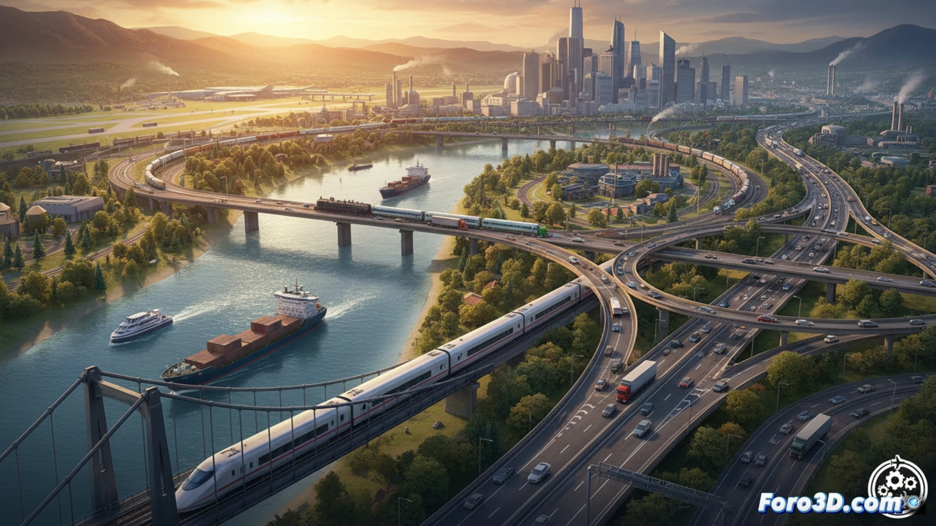 Un tren de alta velocidad cruza un puente futurista sobre un valle verde, con una ciudad densa al fondo bajo un cielo naranja al atardecer. En primer plano, una carretera con coches y un camión; el logo de Paradox Interactive y Transport Fever 3 aparece en la esquina inferior derecha, con el texto '2026' y los logos de PS5, Xbox y PC.