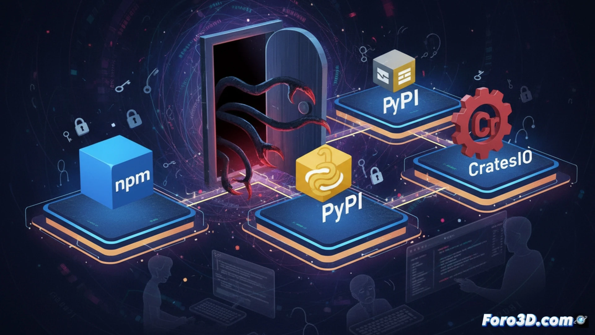 three interconnected computer screens showing package manager terminals, npm, PyPI, and CratesIO logos dissolving into digital chains, a glowing red trapdoor opening beneath a developer workstation, credential data streams being siphoned through cracked command-line interfaces, malicious code packages sliding down a funnel into open-source repository icons, cinematic cybersecurity visualization, dark server room atmosphere with blue and red neon lighting, floating binary code particles, realistic glass terminal reflections, dramatic low-angle shot showing the attack process, photorealistic technical illustration
