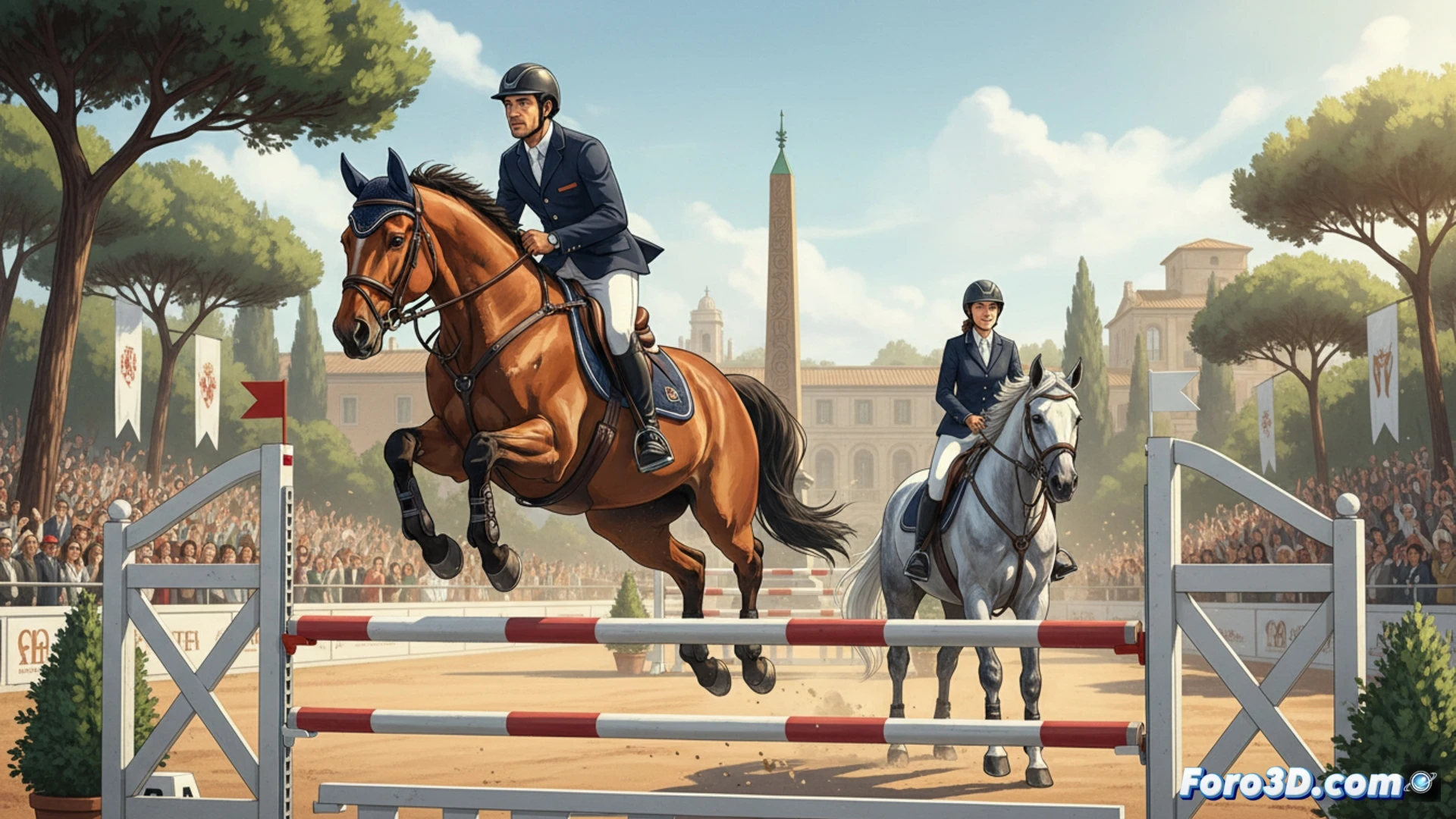 Horse and rider clearing a tall white and red obstacle during an equestrian competition in a sunlit arena, rider in red jacket and black helmet leaning forward in perfect rhythm, horse's front legs tucked high, dust kicked up from the sandy surface, elegant grandstands and classical architecture in background, crisp shadows on the grass, photorealistic sports photography style, golden afternoon light, sharp focus on horse's mane and rider's hands on the reins, dynamic motion captured mid-jump, technical precision in the jump form, cinematic depth of field