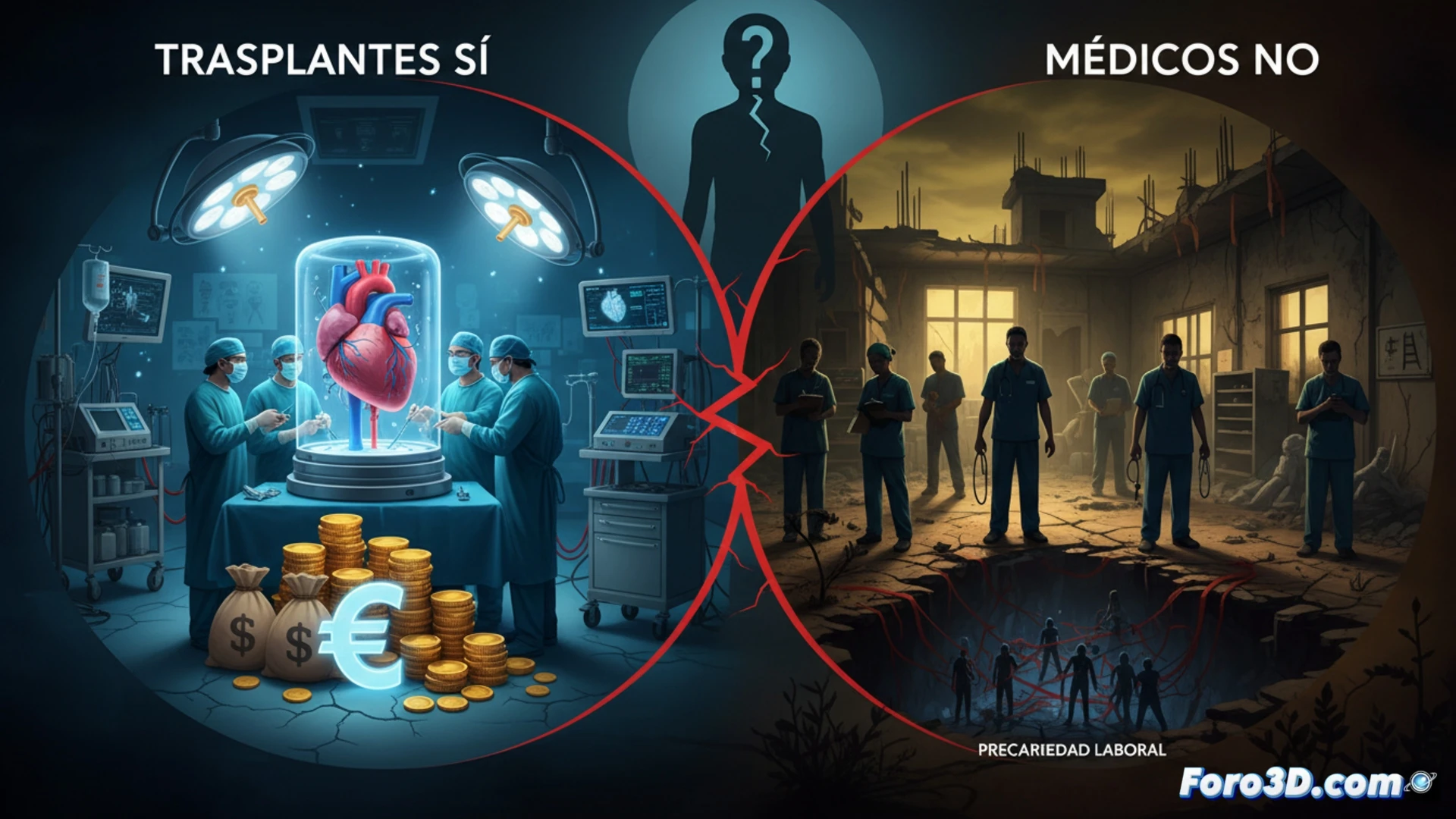 hospital operating room split in two halves, left side shows a successful liver transplant surgery with surgeons stitching a glowing healthy organ, right side shows an empty consultation room with a single dusty stethoscope on a desk and a cracked clock showing no hands, a glowing red line connects the surgical lamp to a broken recruitment pipeline diagram on a monitor, photorealistic medical illustration, cold blue surgical lighting contrasting with warm amber emptiness, hyper-detailed medical instruments, sterile environment, dramatic chiaroscuro, cinematic technical render