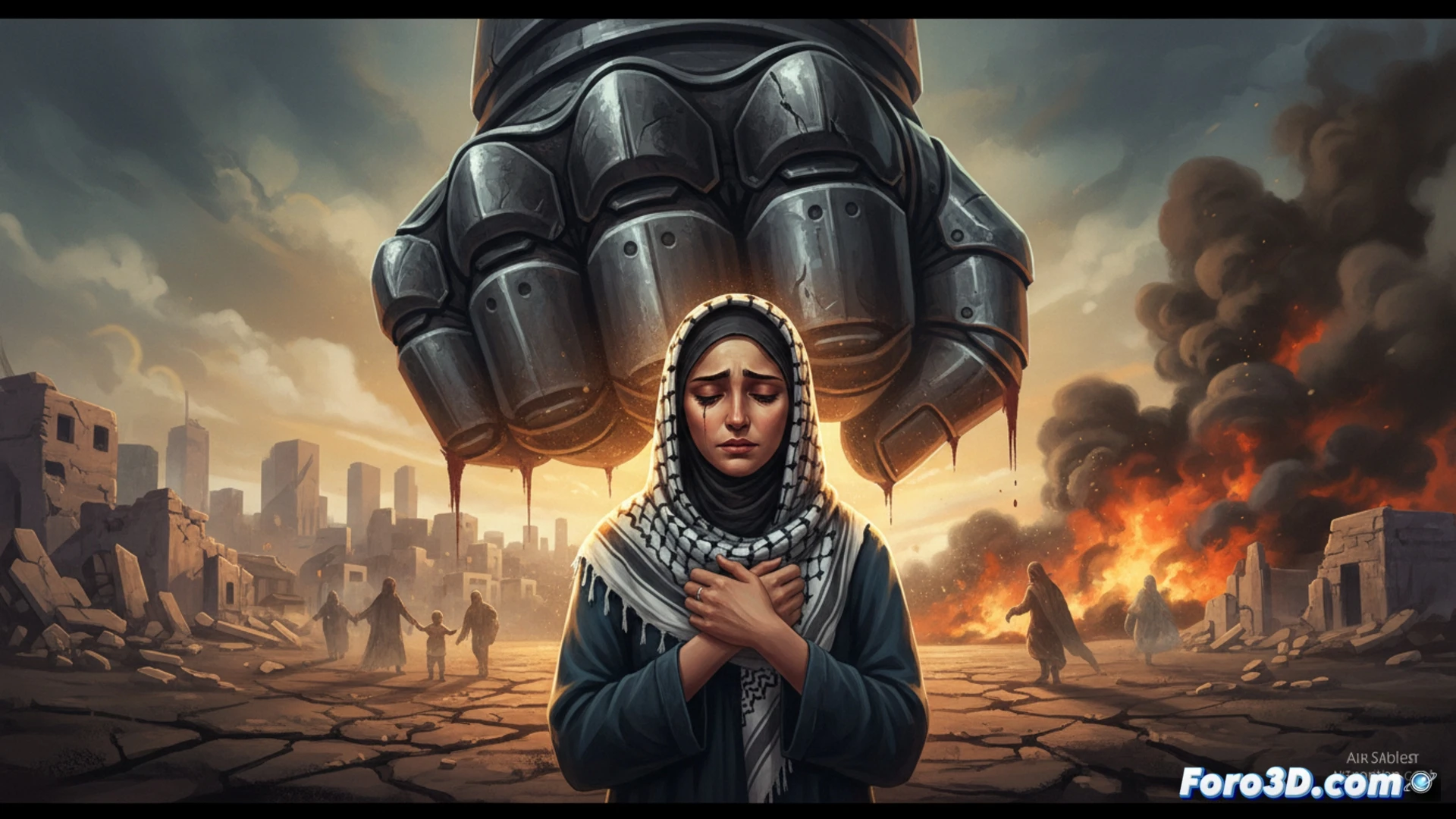 Una imagen de una valla metálica rota y doblada, con un fondo de escombros humeantes en Gaza. Al lado, una sombra alargada de una figura militar se proyecta sobre el suelo agrietado, simbolizando el trauma y la fuerza desinhibida descritos en el artículo.