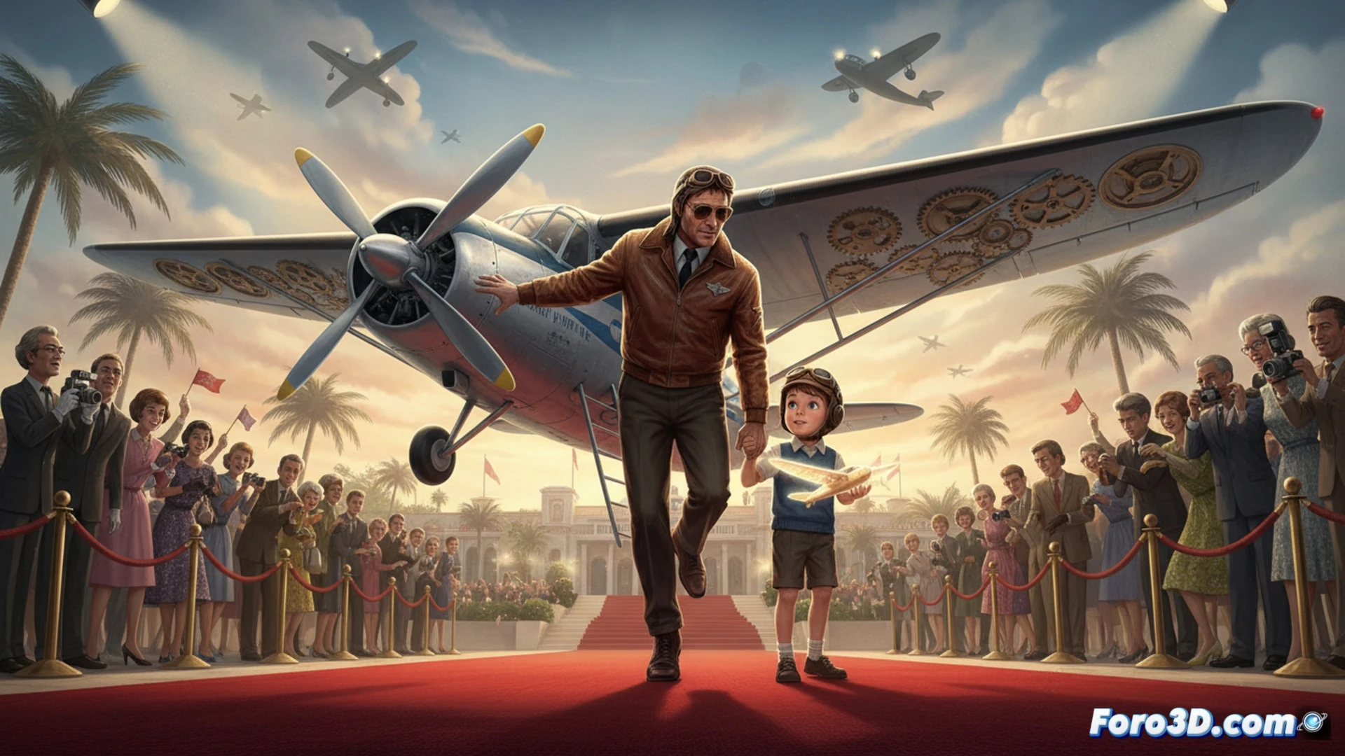 cannes red carpet at sunset, vintage 1962 airplane silhouette landing on runway, boy watching with wide eyes while holding a toy propeller, cockpit instruments glowing with warm amber light, control yoke and throttle levers visible, cinematic storytelling style, photorealistic aviation scene, golden hour lighting casting long shadows, propeller motion blur, polished aluminum fuselage reflecting clouds, soft lens flare, nostalgic fairy tale atmosphere, technical aircraft details on wings and landing gear, innocent wonder captured during approach sequence
