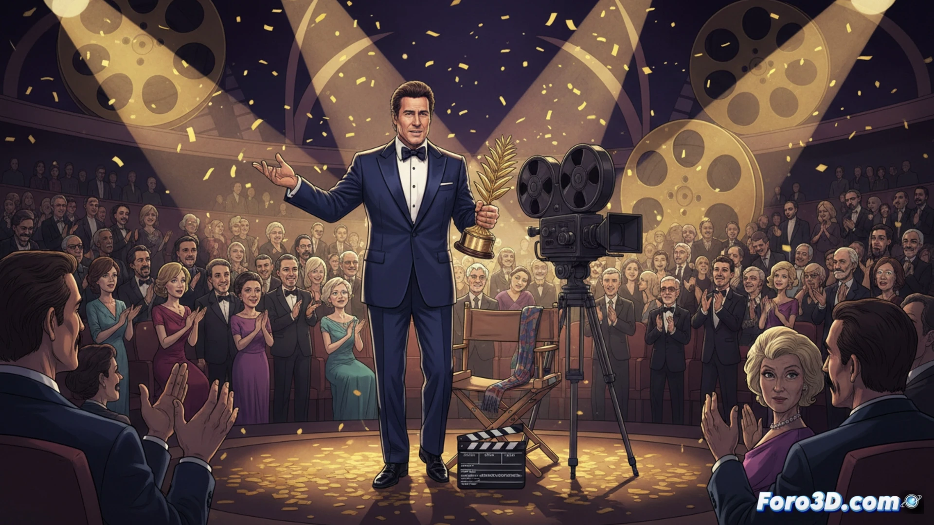 John Travolta sonríe en Cannes, sosteniendo la Palma de Oro de Honor, con el cartel del festival al fondo.