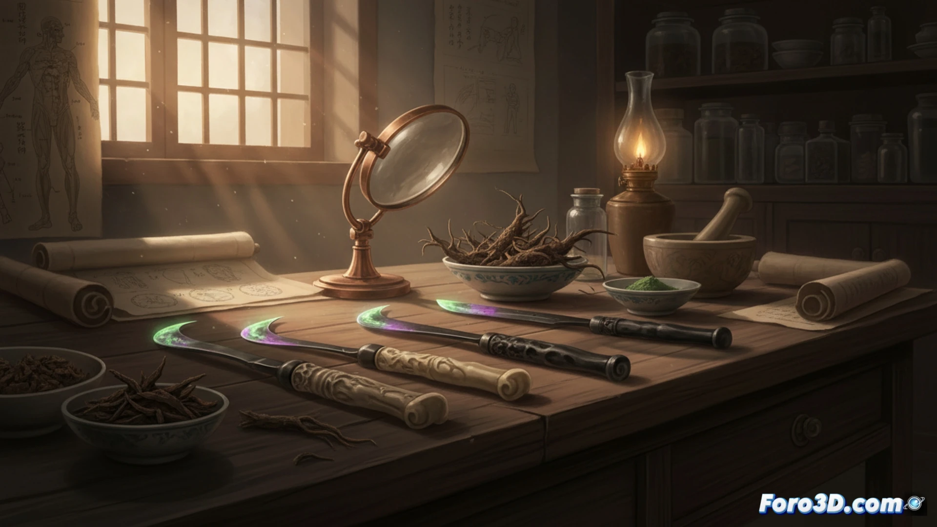 15th century Chinese surgical knife with greenish patina, microscopic aconitine crystals glowing on blade tip, hand gripping carved bone handle while preparing to cut pale skin, chemical residue concentrated at sharp edge, ancient medical procedure, photorealistic macro photography, dramatic side lighting revealing crystalline deposits, dark background, ultra-detailed metal texture, historical artifact documentation style, cinematic depth of field, technical archaeological visualization