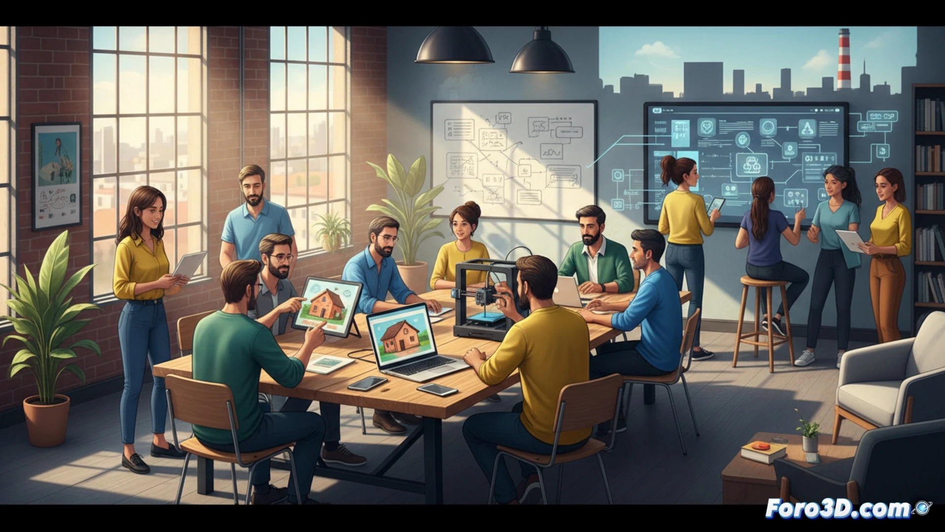 coworking space interior, thirteen entrepreneurs collaborating around a large wooden table, one person demonstrating a 3D-printed optical frame prototype on a laptop screen, another pointing at a rural house blueprint on a tablet, digital application interfaces visible on monitors, whiteboard with business model sketches in background, natural light from floor-to-ceiling windows, modern industrial decor, warm collaborative atmosphere, photorealistic architectural visualization, shallow depth of field, professional lighting, detailed tech equipment including 3D printer in corner, realistic textures of wood and glass, cinematic composition