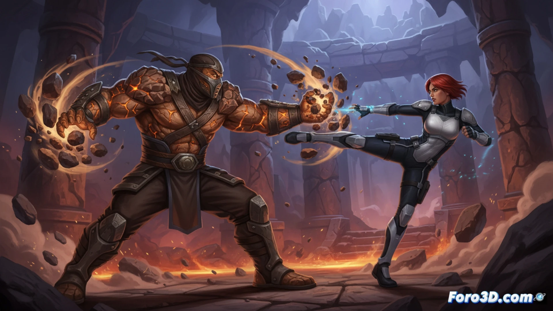 Tremor, ninja de tierra, enfrenta a Sonya Blade en un escenario rocoso, con puños de piedra listos para atacar.