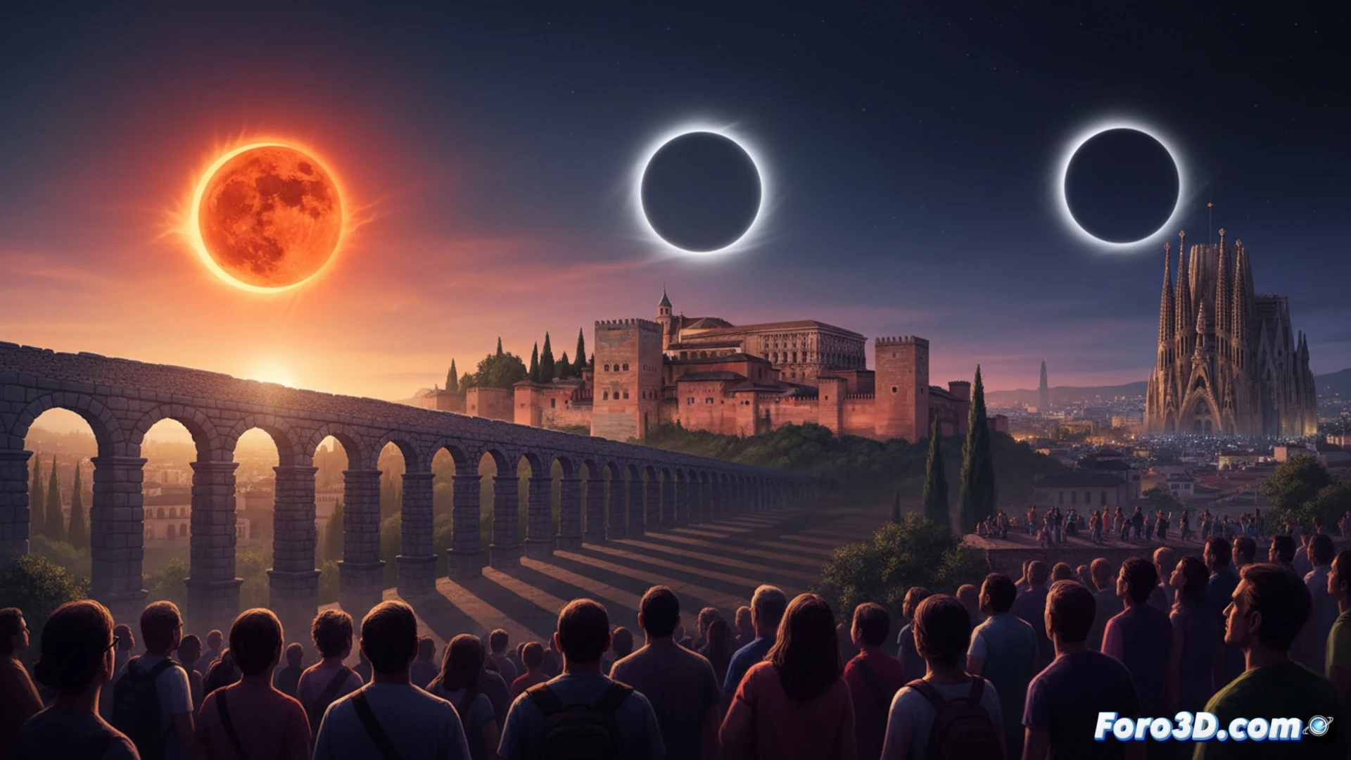 Three solar eclipses over Spain from 2026 to 2028, a vintage steam train packed with passengers stopped on a rural track, people looking up through eclipse glasses, the sky darkening with the moon partially covering the sun, golden corona rays visible, old-fashioned telescopes on tripods beside the train, dust particles floating in the dimming light, nostalgic cinematic photorealistic style, warm sepia tones contrasting with the dark sky, detailed period clothing and train machinery, historical astronomical observation scene