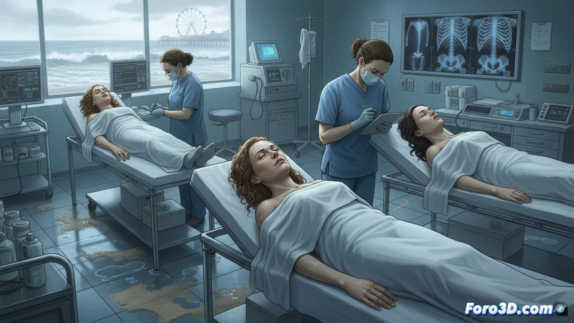 Autopsy room scene with three forensic pathologists in white protective suits surrounding a steel examination table, bright surgical lights illuminating detailed tissue samples under microscopes, digital monitors displaying CCTV footage of a stormy Brighton coastline, police officers reviewing timestamped video evidence on tablets, forensic tools and sterile equipment arranged precisely on metal trays, cinematic photorealistic medical illustration style, cold blue clinical lighting, reflective stainless steel surfaces, solemn atmosphere, ultra-detailed textures of surgical instruments and screens, no visible text or numbers