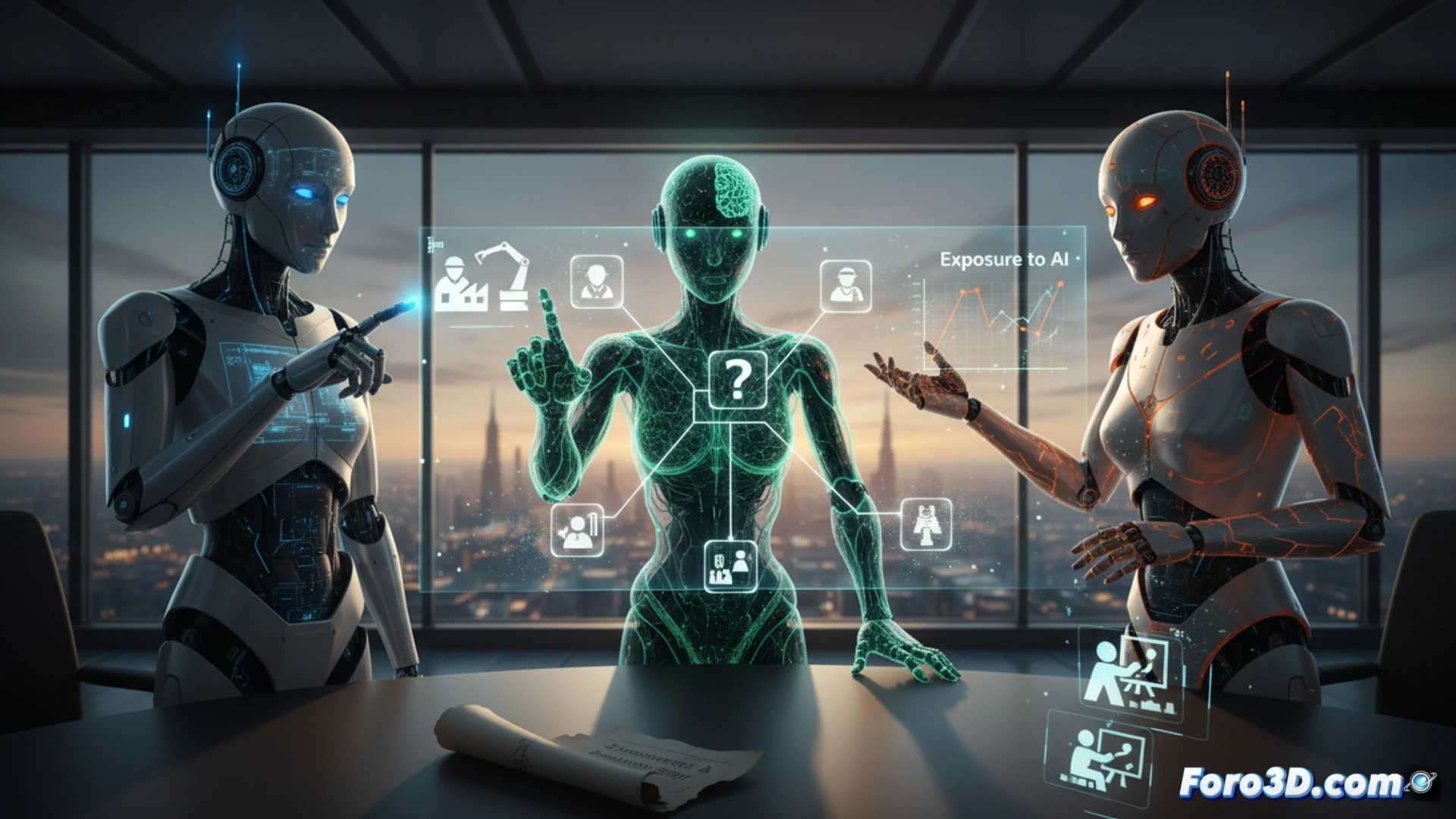 Tres pantallas brillantes con avatares de IA muestran pronósticos laborales opuestos. Un robot yace partido en el centro, con engranajes rotos y un pergamino de dudas.

Caracteres: 149
