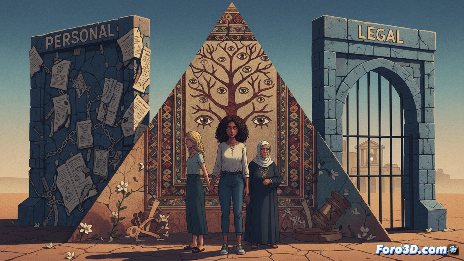 young woman in black mourning dress standing beside a suitcase in a dim Tunisian airport arrival hall, her female partner holding her hand from behind while an older woman in traditional hijab watches suspiciously, three translucent prison bars projected as shadows on the wall behind them representing personal, family, and legal oppression, cinematic photorealistic style, dramatic side lighting casting long shadows, emotional tension in body language, airport architecture with harsh fluorescent lights, cracked tile floor reflecting the figures, realistic skin textures and fabric details, melancholic blue-grey color palette