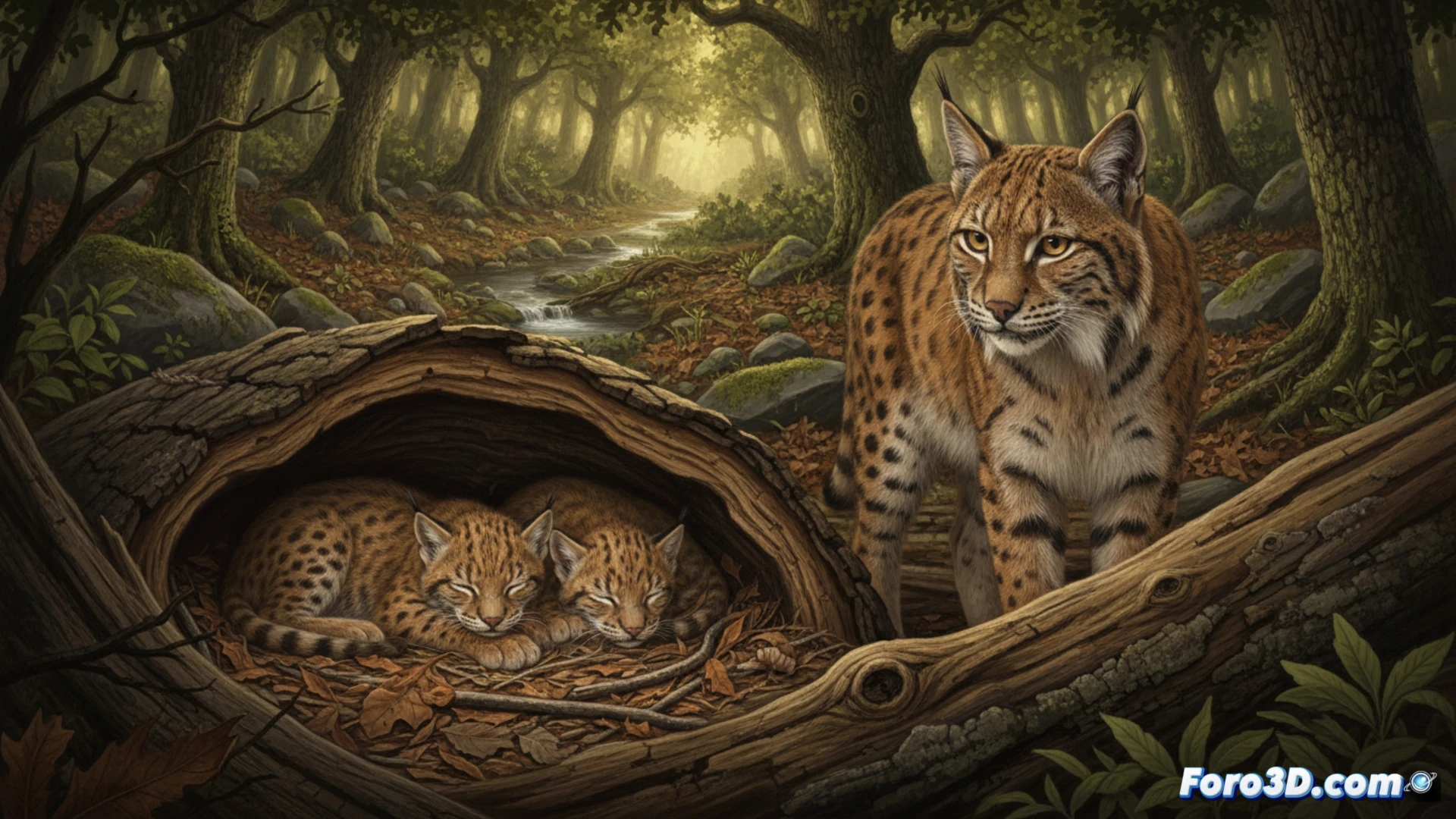 Descripción detallada: Una imagen del interior del Parque Nacional de Cabañeros, al atardecer. En primer plano, tres pequeños cachorros de lince ibérico, de pelaje manchado y orejas puntiagudas, juegan entre la hierba seca y jaras. Detrás, la pareja adulta, Uvita y U2, yace vigilante bajo la sombra de una encina. Al fondo, colinas suaves y un cielo naranja. La escena transmite calma, protección y esperanza para la especie.

Descripción breve (80-120 caracteres): Tres cachorros de lince ibérico juegan en Cabañeros bajo la mirada atenta de sus padres, Uvita y U2.
