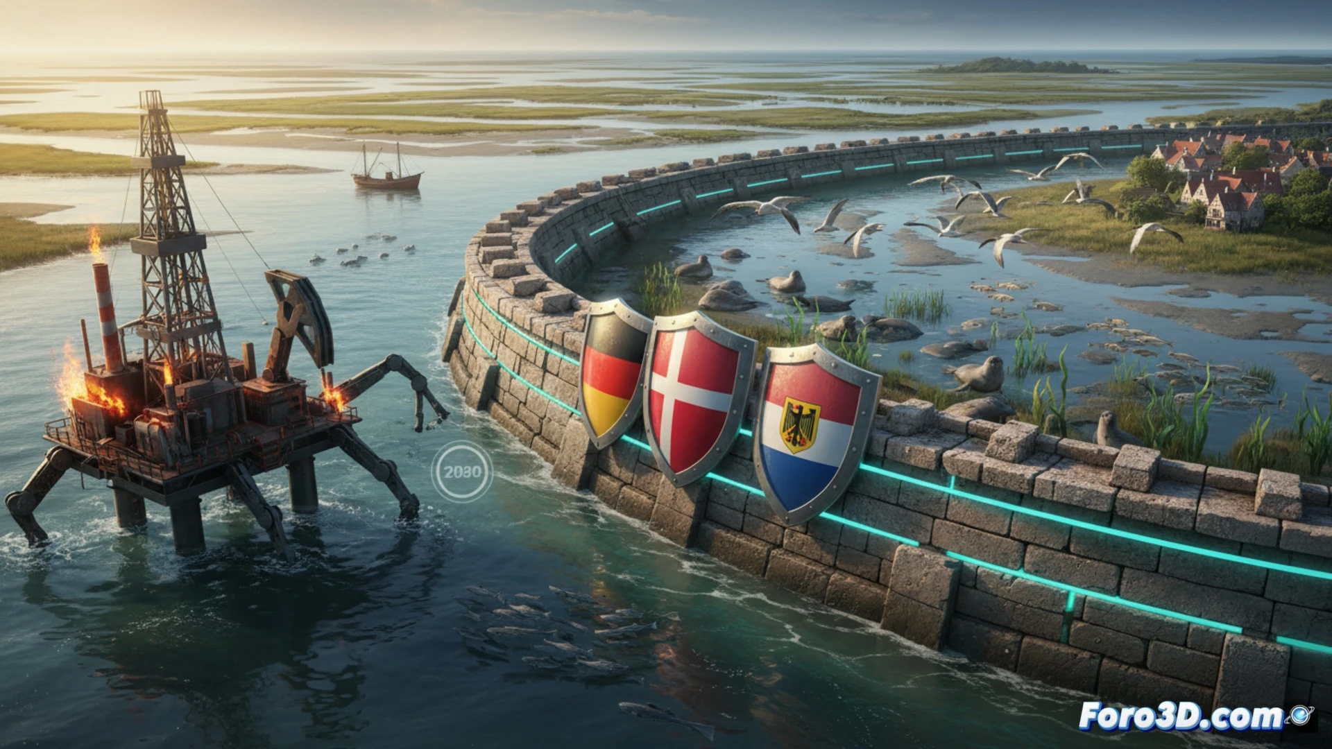 Tres manos enguantadas protegiendo un mapa del mar de Wadden con líneas de frontera iluminadas, plataformas de extracción de gas siendo desmanteladas en el horizonte mientras aves migratorias vuelan en formación, un barco de investigación midiendo la calidad del agua con sensores flotantes, turbinas eólicas marinas girando lentamente al fondo, fotorealista, iluminación natural de amanecer nórdico, composición cinematográfica gran angular, texturas de arena y agua salpicando, acción de preservación mostrando cooperación técnica internacional