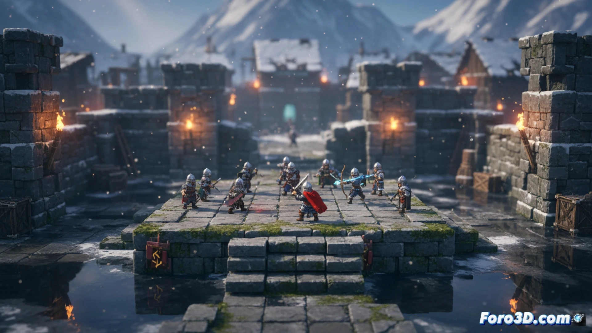 Captura de Triangle Strategy mostrando pixel art en escenario 3D con iluminación dinámica y profundidad de campo