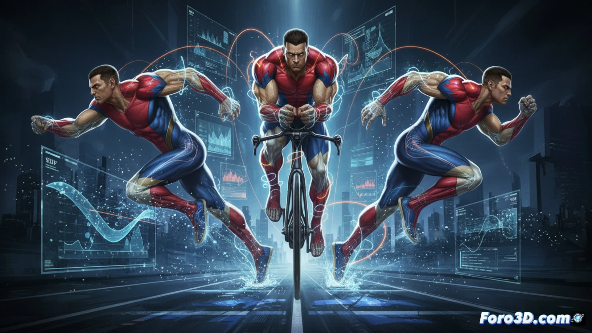 Modelado 3D de Triathlon biomecánica deportiva atleta sobrehumano corriendo con músculos detallados y simulación de movimiento